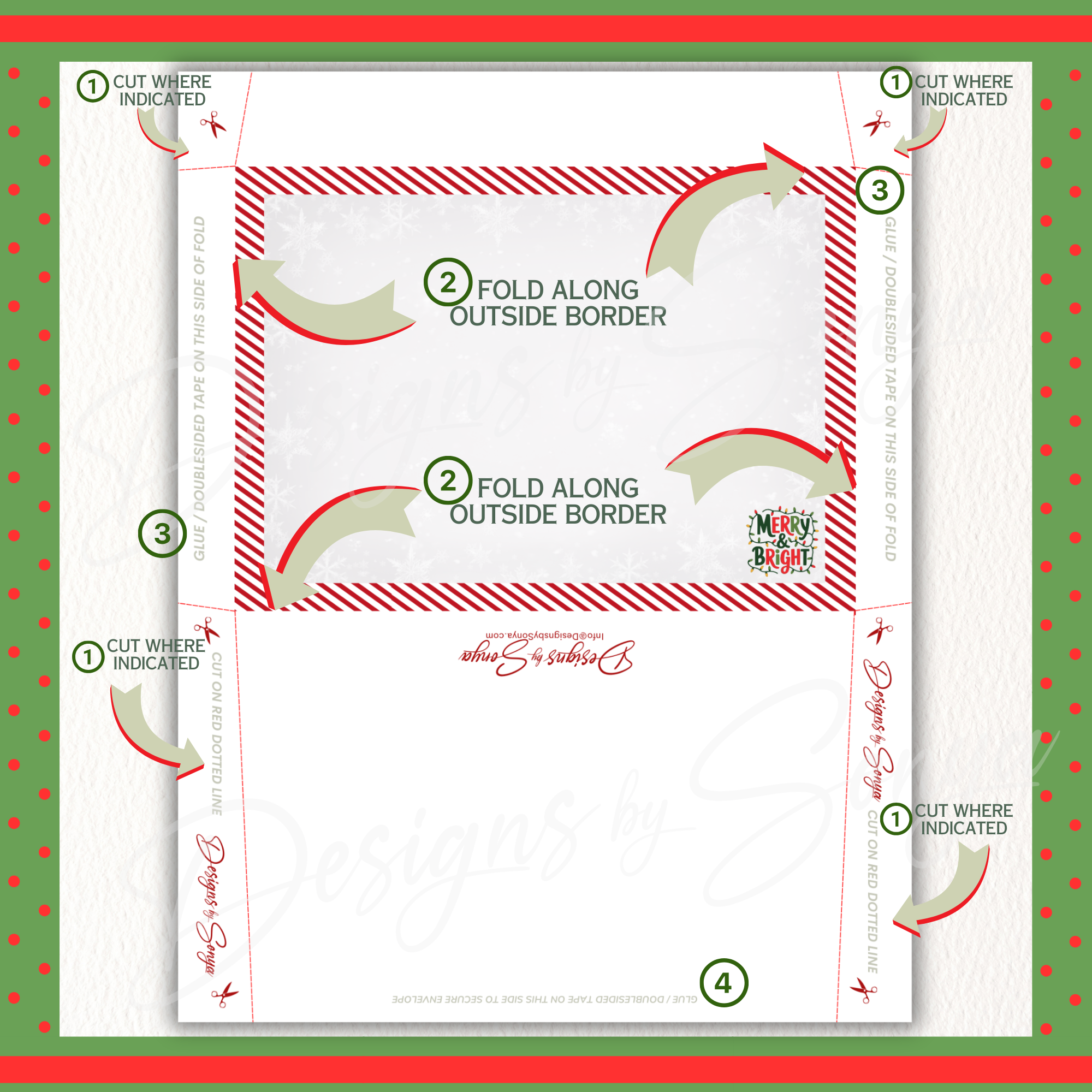 DIY Christmas Envelope Template
Step-by-step printable template showing how to cut, fold, and assemble a matching envelope for the Merry & Bright holiday gift card holder.