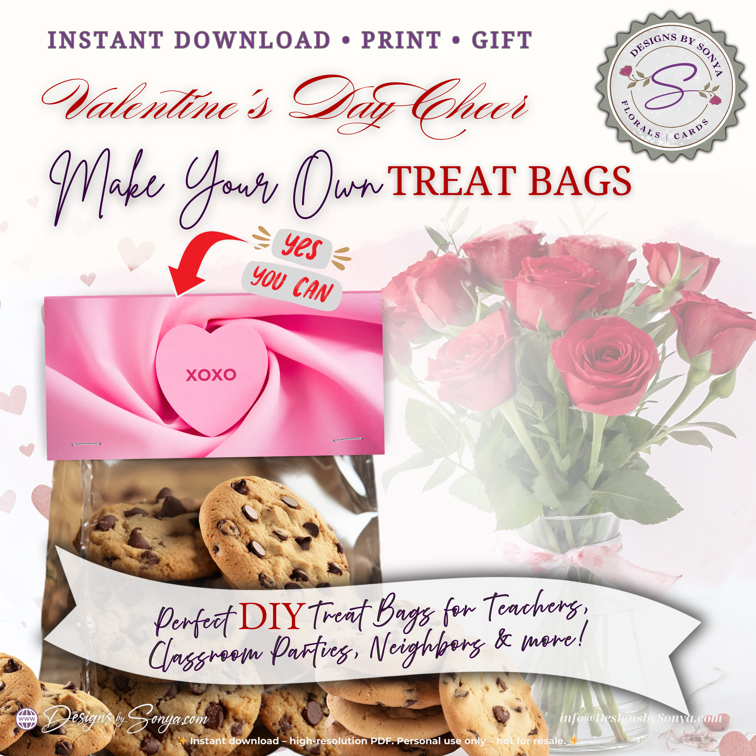 Valentine Treat Bag Toppers Printable – Set of 4 Candy Heart Designs – 4x2 Folded Labels for Classroom, Kids, Party Favors