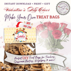 Kids Valentine’s Day Treat Bag Toppers – Printable Classroom Party Favor Set of 4 – Cute Children’s Candy Bag Labels – 4"x2" Folded Topper PDF