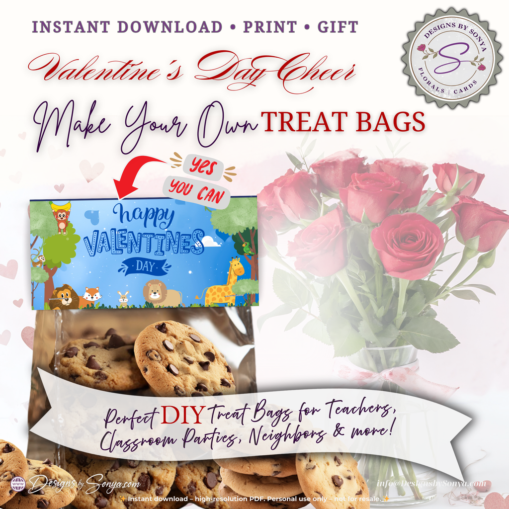 Safari Animals Valentine Treat Bag Topper Printable – Cute Classroom DIY Snack Bag Label – Kids Valentine Party Favor for Teachers & Students