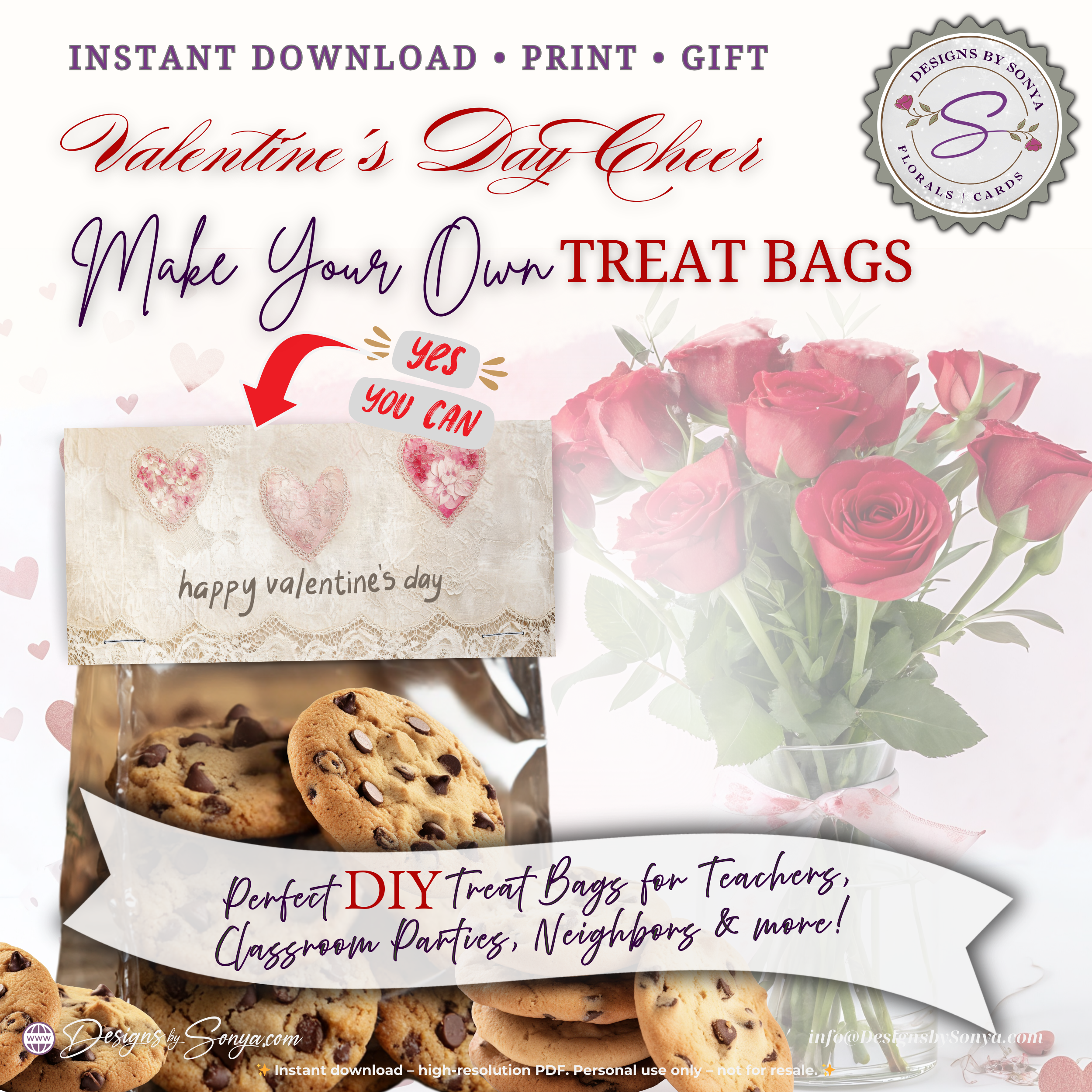 Vintage Hearts & Lace Printable Valentine Candy Treat Bag Topper – Classroom Party Favors, Teachers, Friends,  Neighbors – 4"x2" Folded