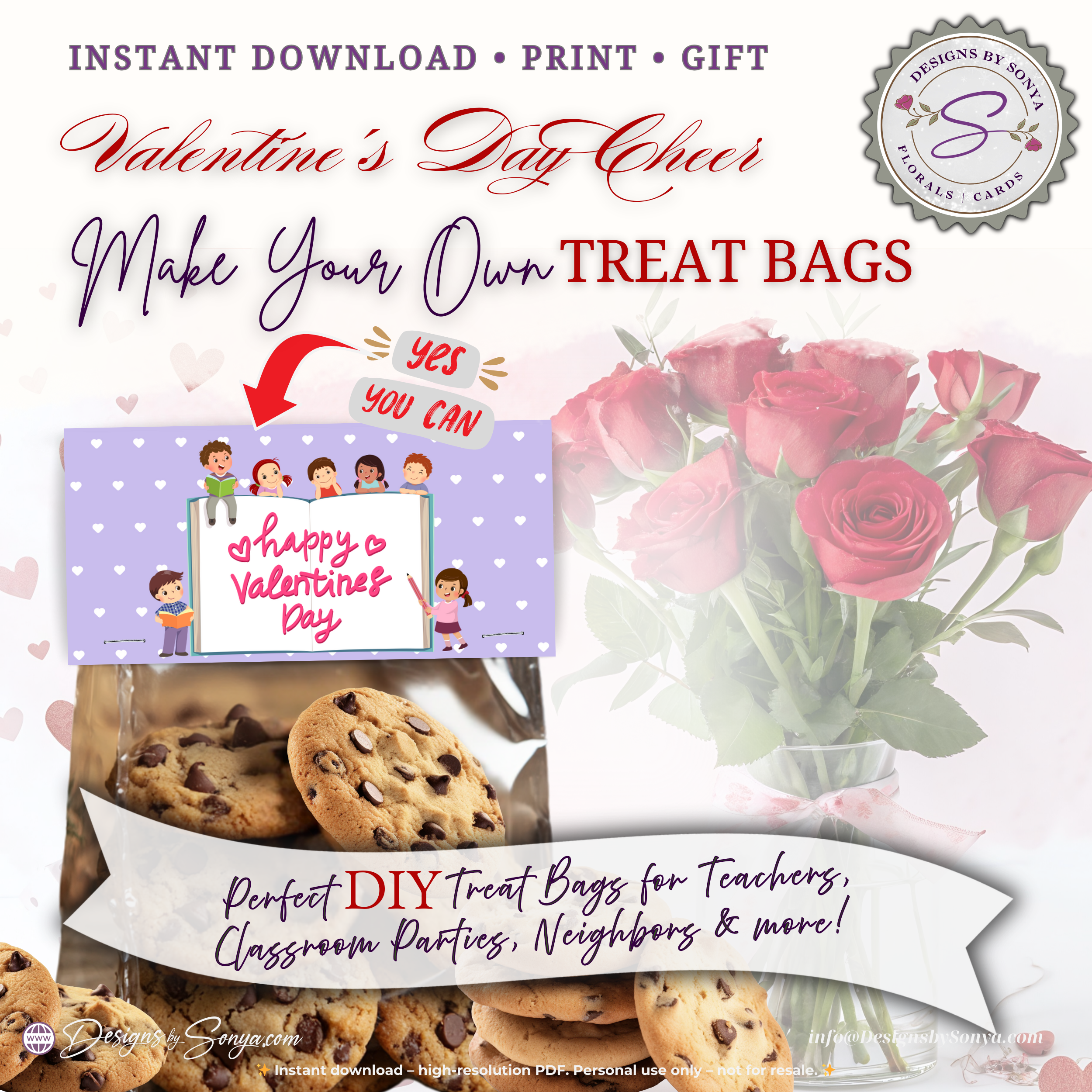 Kids Valentine Treat Bag Topper Printable – Cute Classroom Favor DIY Snack Bag Label – Easy Valentine Party Gift for Teachers & Students
