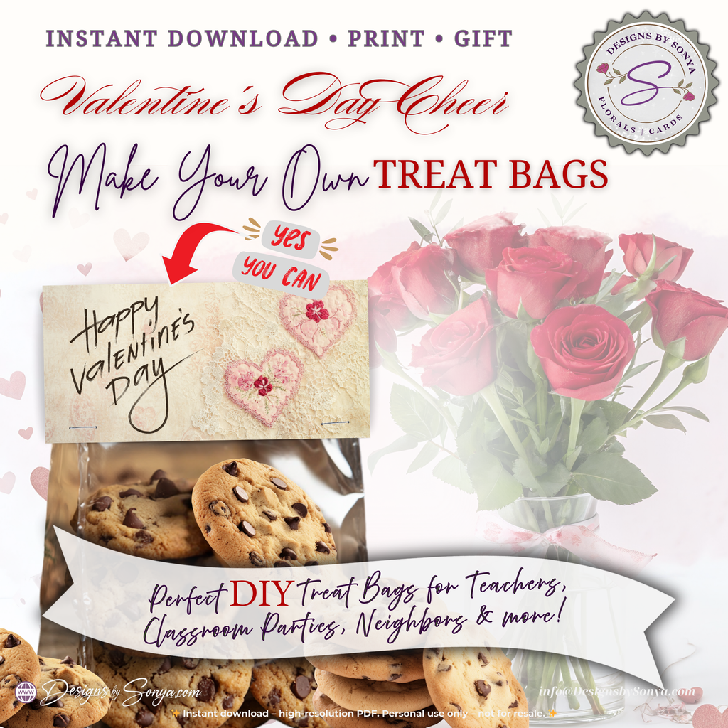 Vintage Valentine Printable Treat Bag Topper – Happy Valentine’s Day Candy Bag Topper for Classroom Treats, Teachers & Neighbors – 4"x2" Folded