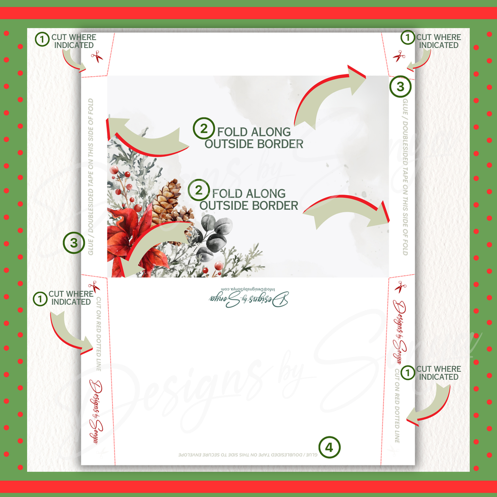 Envelope Assembly Guide

Step-by-step cut, fold, and glue instructions for the matching envelope. Arrows indicate folds; perfect for quick DIY holiday crafting.