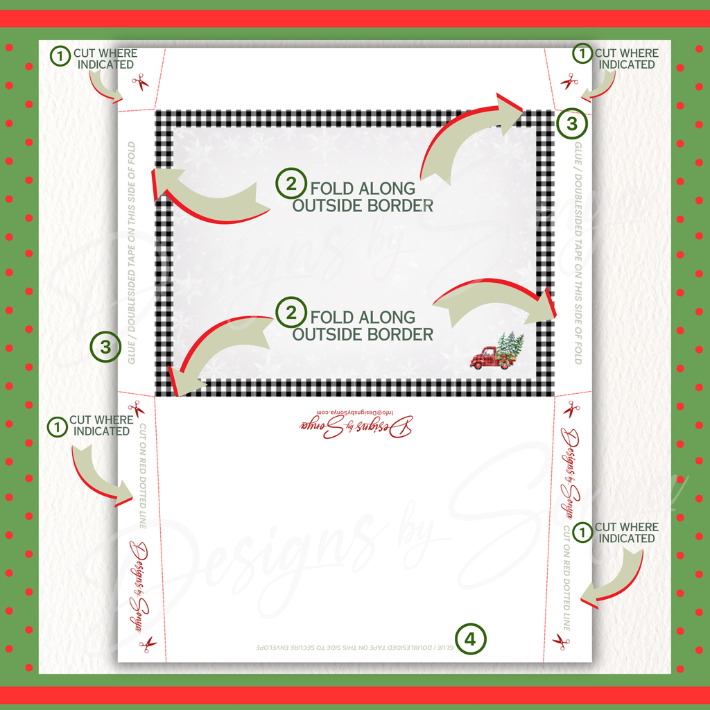 DIY Envelope Folding Instructions
Step-by-step instructions for folding and assembling the printable Merry Christmas envelope. Features buffalo plaid and red truck design.