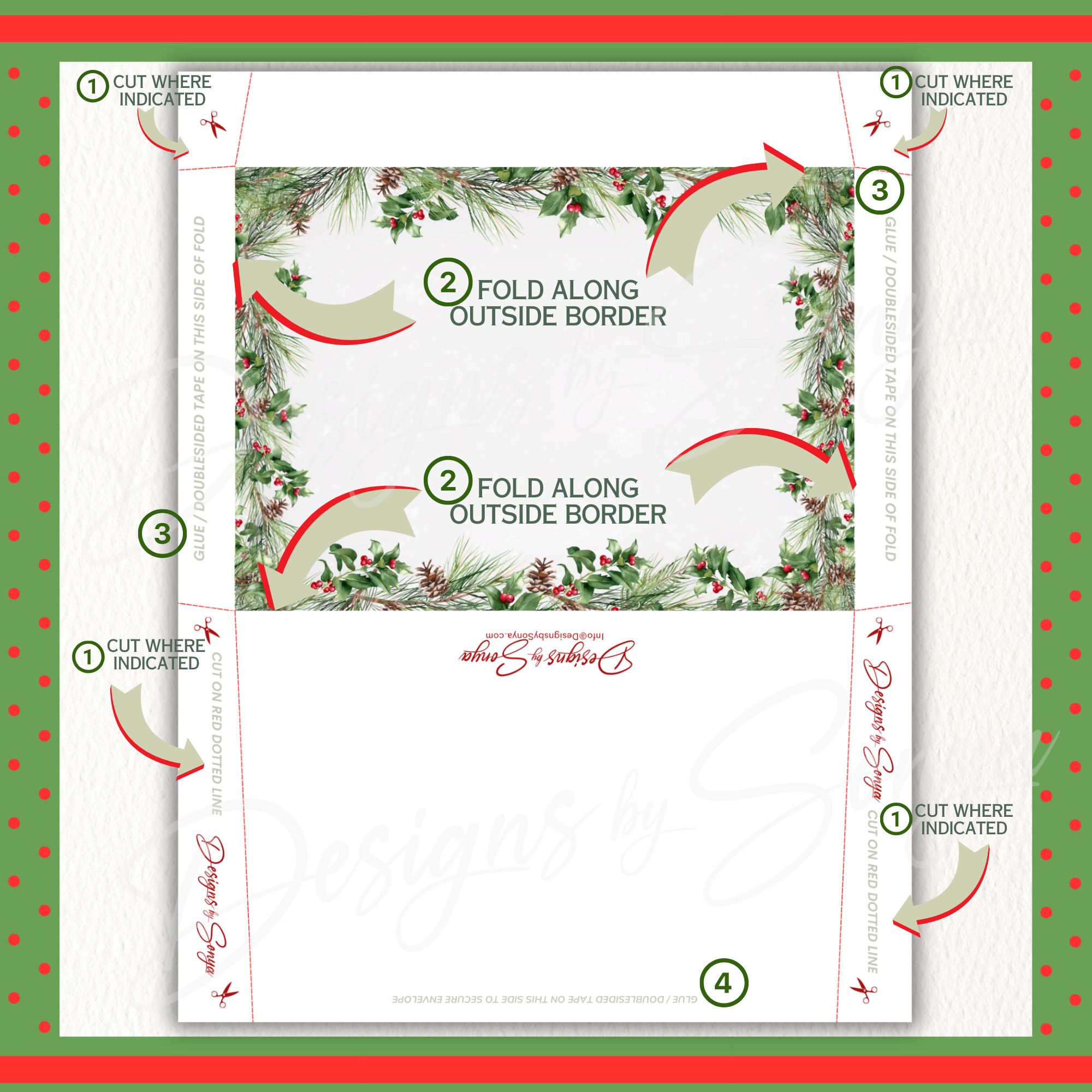 DIY Envelope Folding Instructions

Step-by-step guide for assembling the printable Christmas envelope. Shows cut and fold lines with holly and pine greenery design for holiday card holder.