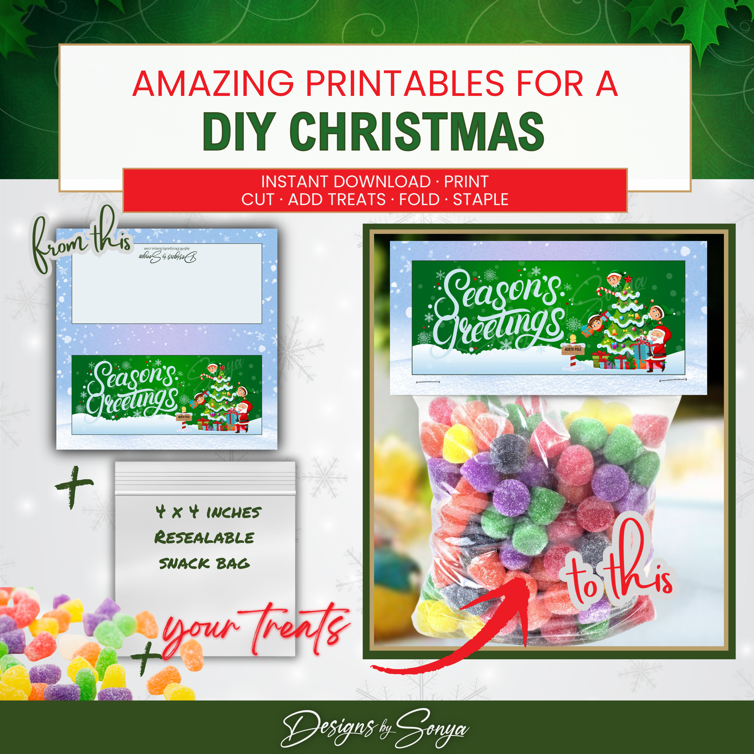 Gumdrop Treat Bag Example
Before-and-after demonstration of printable topper folded over a bag of gumdrops, showing how to create polished DIY Christmas treat favors.