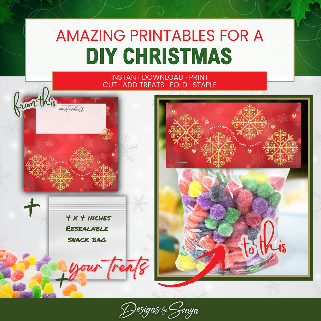 DIY Before & After
How-to collage: topper artwork + 4x4 resealable snack bag + candy become a finished Christmas treat bag. Red and gold snowflake design; instant download; great for party favors and quick gifting.