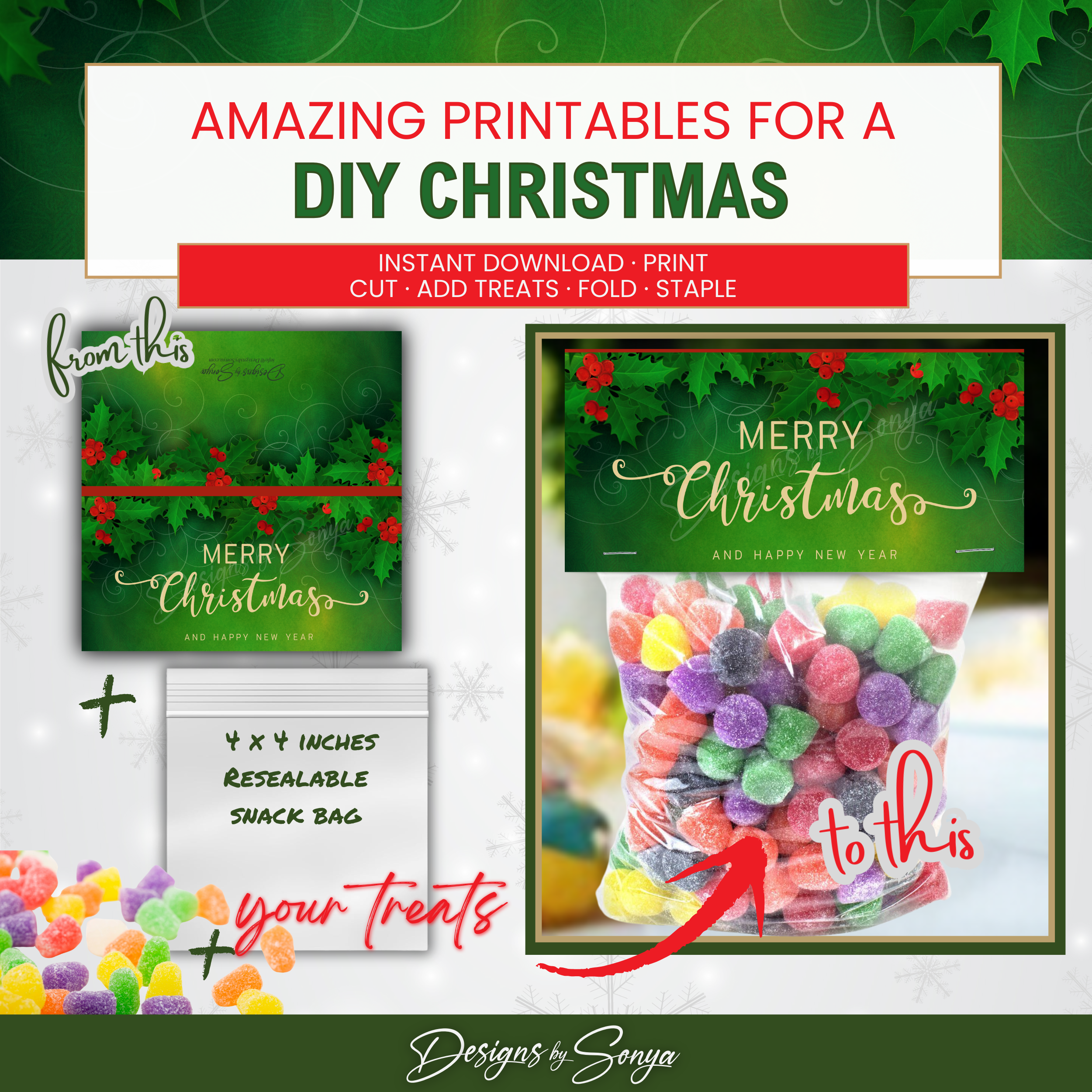 DIY Before & After
Tutorial-style image showing topper artwork, treat bag, and candy transforming into a finished Christmas favor bag; instant download craft project.