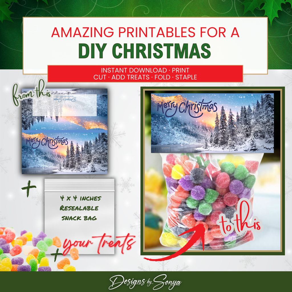 DIY Before & After
Collage showing printable sheet, snack bag, and finished candy favor with topper; easy cut, fold, staple process.