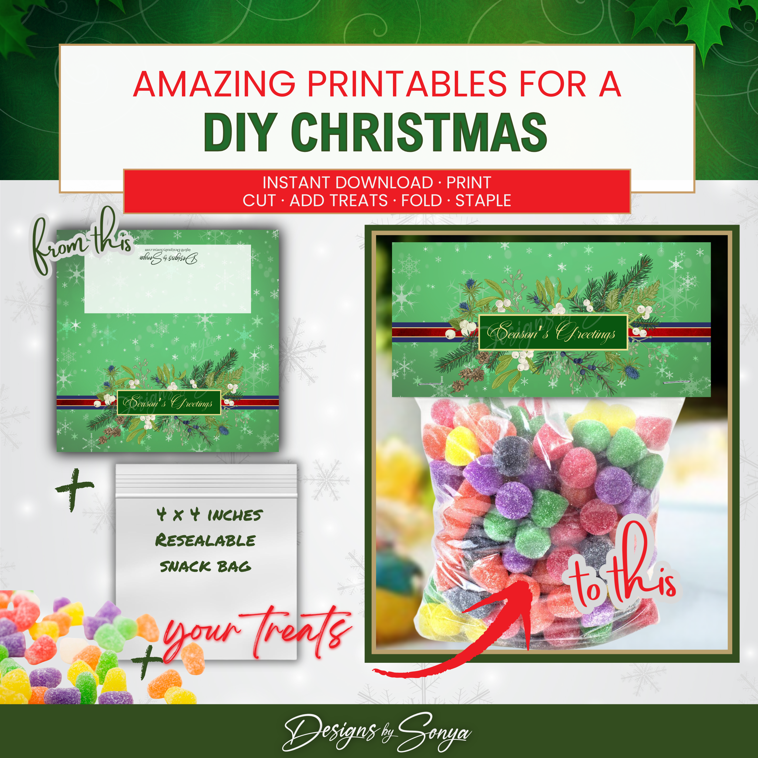 DIY Transformation Before and After
Before: plain 4x4 resealable snack bag; After: festive gift with green topper and colorful candy; quick, easy DIY Christmas favor.