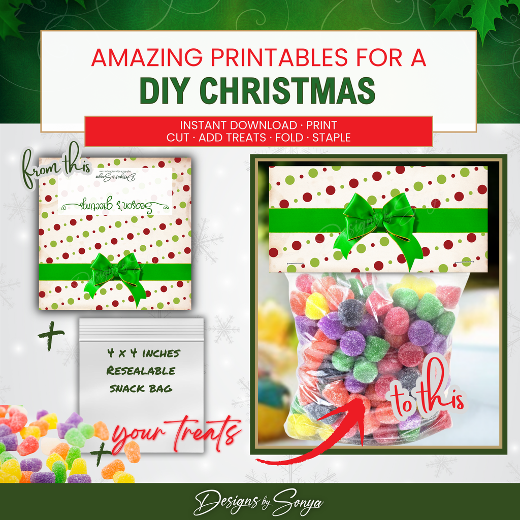 DIY Before & After
Visual showing topper sheet, resealable snack bag, and final candy-filled bag with topper, demonstrating easy transformation.