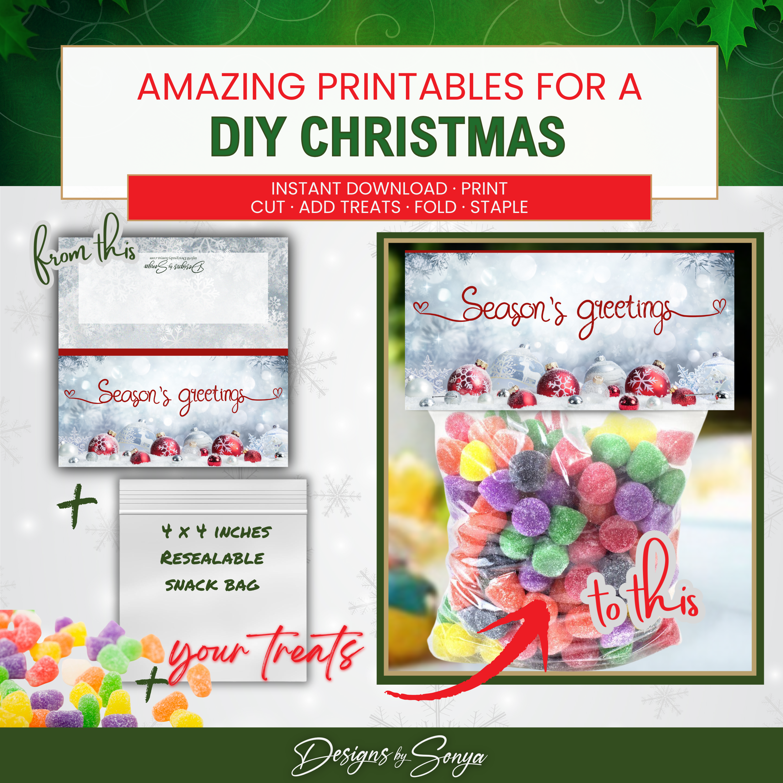 DIY Before & After
Step-by-step collage showing topper artwork plus snack bag and candy assembled into finished holiday favor; festive and simple DIY craft.