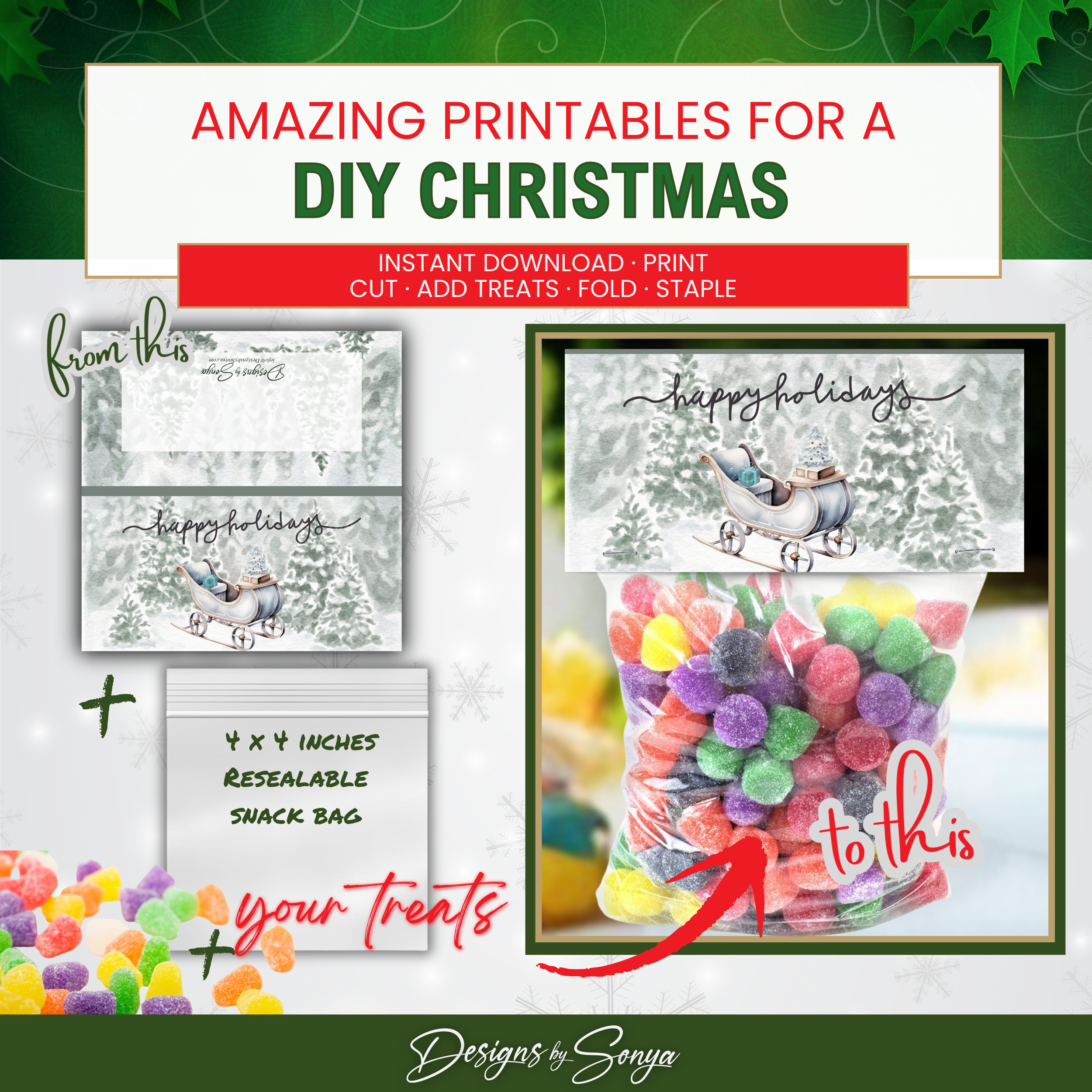 DIY Before & After
Visual steps showing topper sheet, blank snack bag, and candy transformed into finished favor bags; festive, simple, and fun.