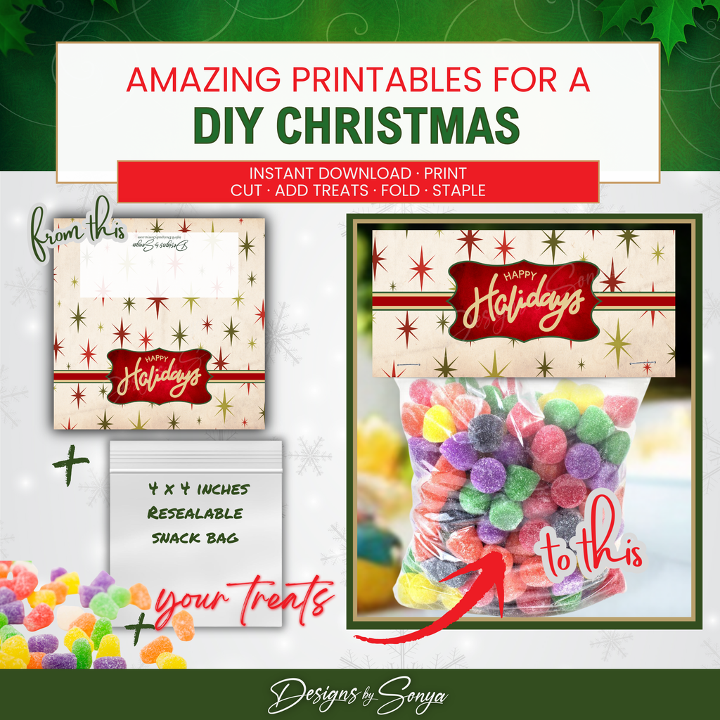 DIY Transformation Before & After
Before: plain 4x4 snack bag; After: festive candy gift with the “Happy Holidays” topper; showcases an easy, polished favor in minutes.