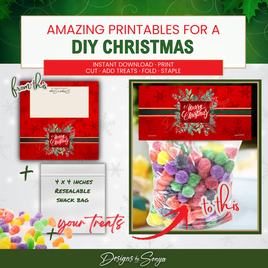 DIY Transformation Before and After
Before: plain 4x4 resealable snack bag; After: festive gift with red wreath “Merry Christmas” topper; perfect for gumdrops, mints, or mixed candy; easy DIY Christmas favor.