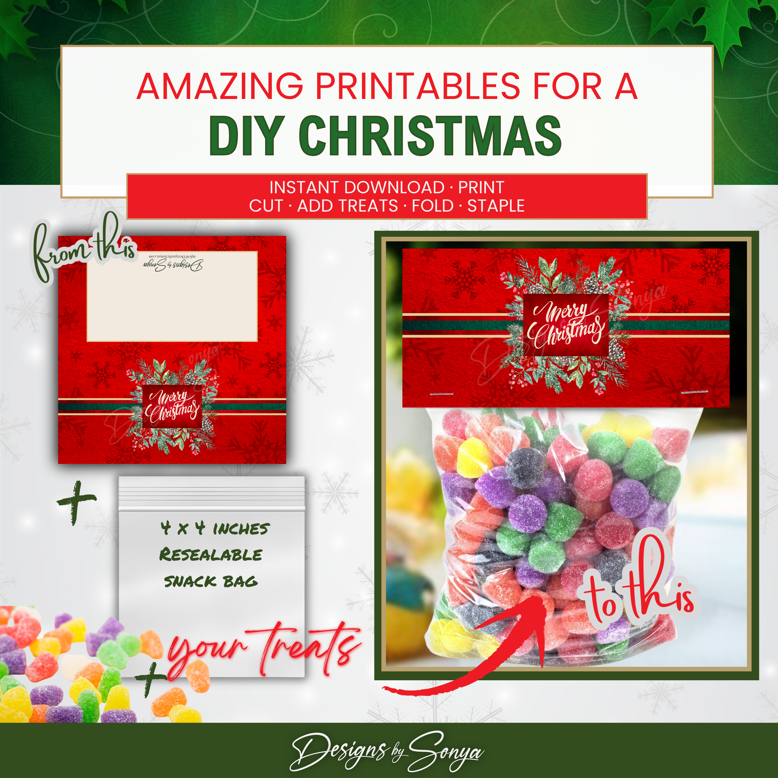 DIY Transformation Before and After
Before: plain 4x4 resealable snack bag; After: festive gift with red wreath “Merry Christmas” topper; perfect for gumdrops, mints, or mixed candy; easy DIY Christmas favor.