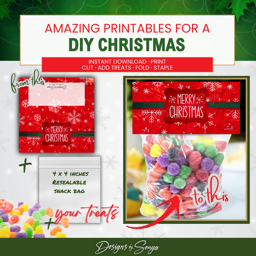 DIY Transformation Before and After
Before: plain 4x4 resealable snack bag; After: festive candy gift with the red snowflake topper; quick, easy DIY Christmas favor.