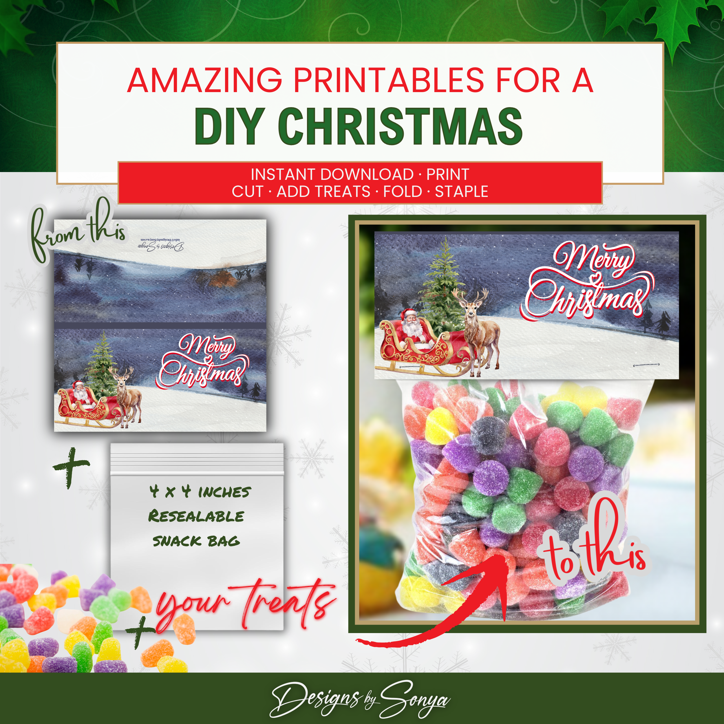 DIY Snack Bag Christmas Topper with Gumdrops
Before-and-after layout showing printable topper combined with resealable snack bags filled with gumdrops. Demonstrates transformation into festive holiday treat favors.