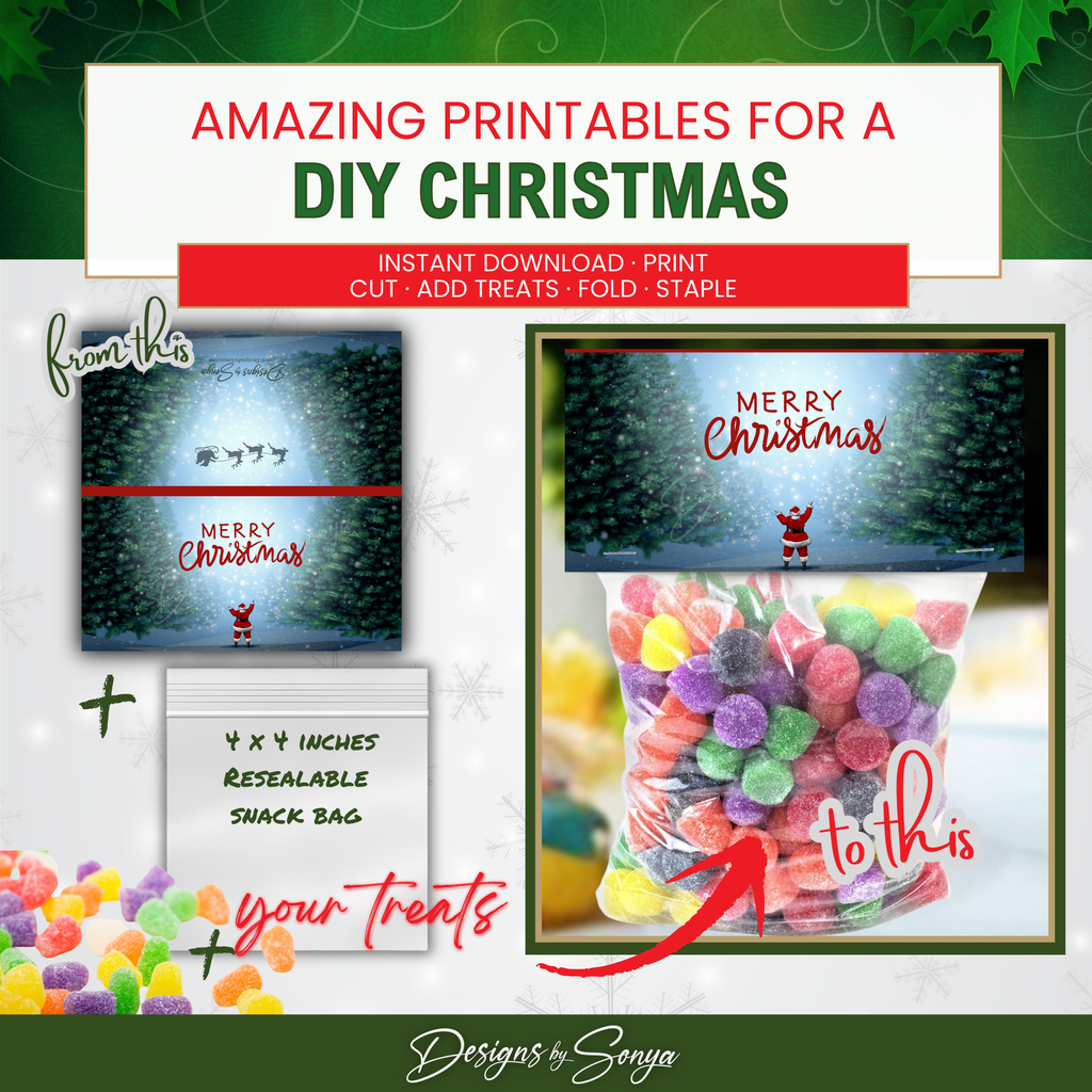 DIY Snack Bag Christmas Topper with Gumdrops
Before-and-after layout showing printable topper combined with resealable snack bags filled with gumdrops. Demonstrates transformation into festive holiday treat favors.