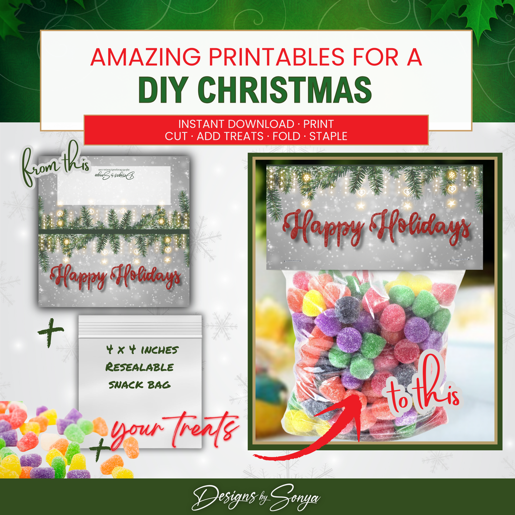DIY Before & After
Step-by-step collage showing printable topper sheet, snack bag, and candy transformed into finished holiday favor bags.