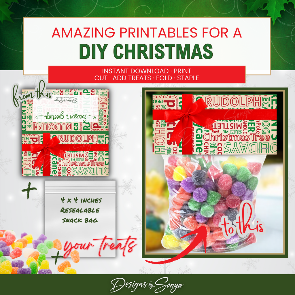 Before & After Transformation
Step-by-step holiday printable favor showing topper, treat bag, and finished result filled with candy, emphasizing the ease of assembly.