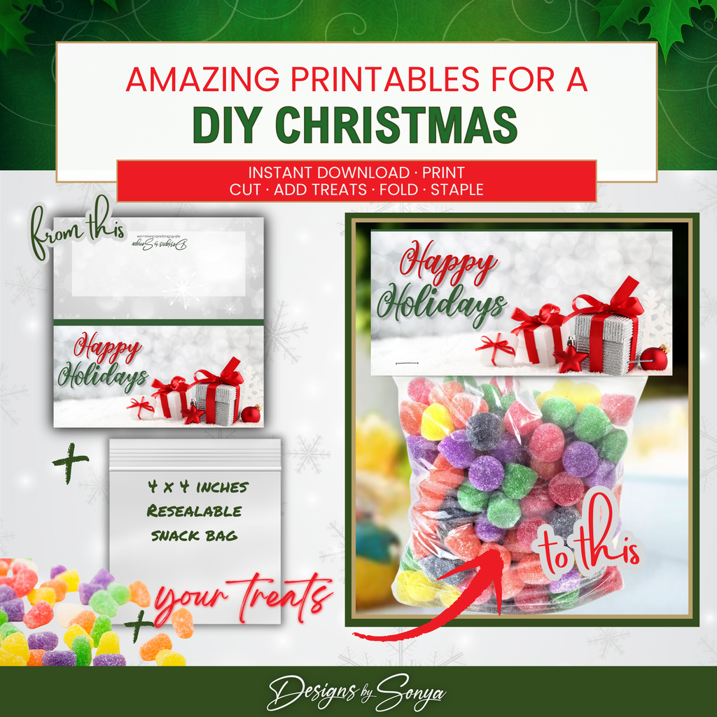 DIY Before & After
How-to collage showing artwork sheet, snack bag, and candy assembled into a finished holiday favor; instant download printable.