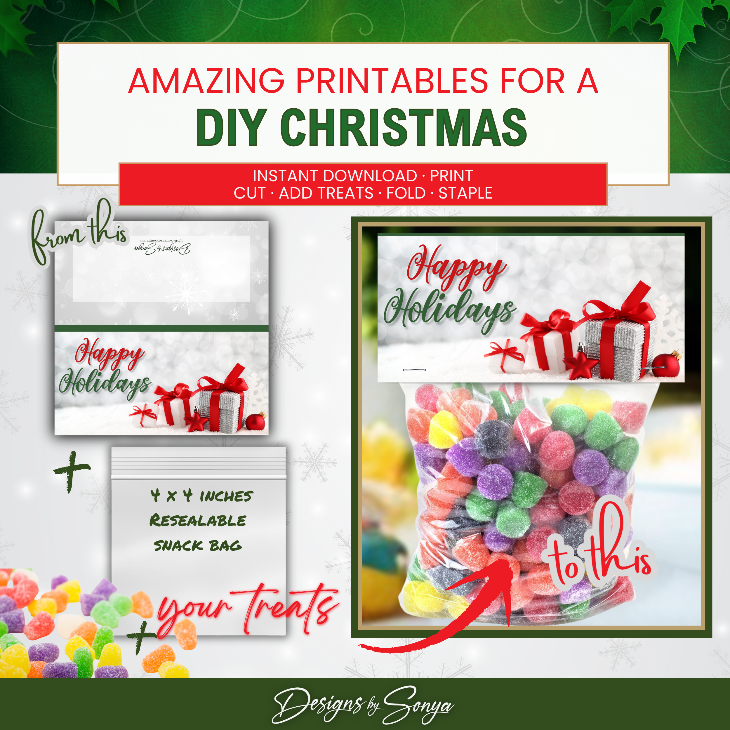 DIY Before & After
How-to collage showing artwork sheet, snack bag, and candy assembled into a finished holiday favor; instant download printable.