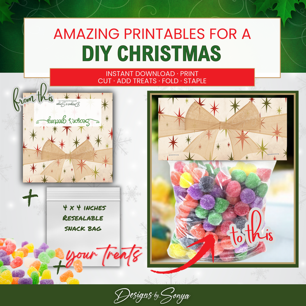 DIY Christmas Gumdrop Treat Bag Topper Transformation
Before-and-after image showing printable topper turning a simple snack bag into a festive holiday gift bag, filled with colorful gumdrop candy.