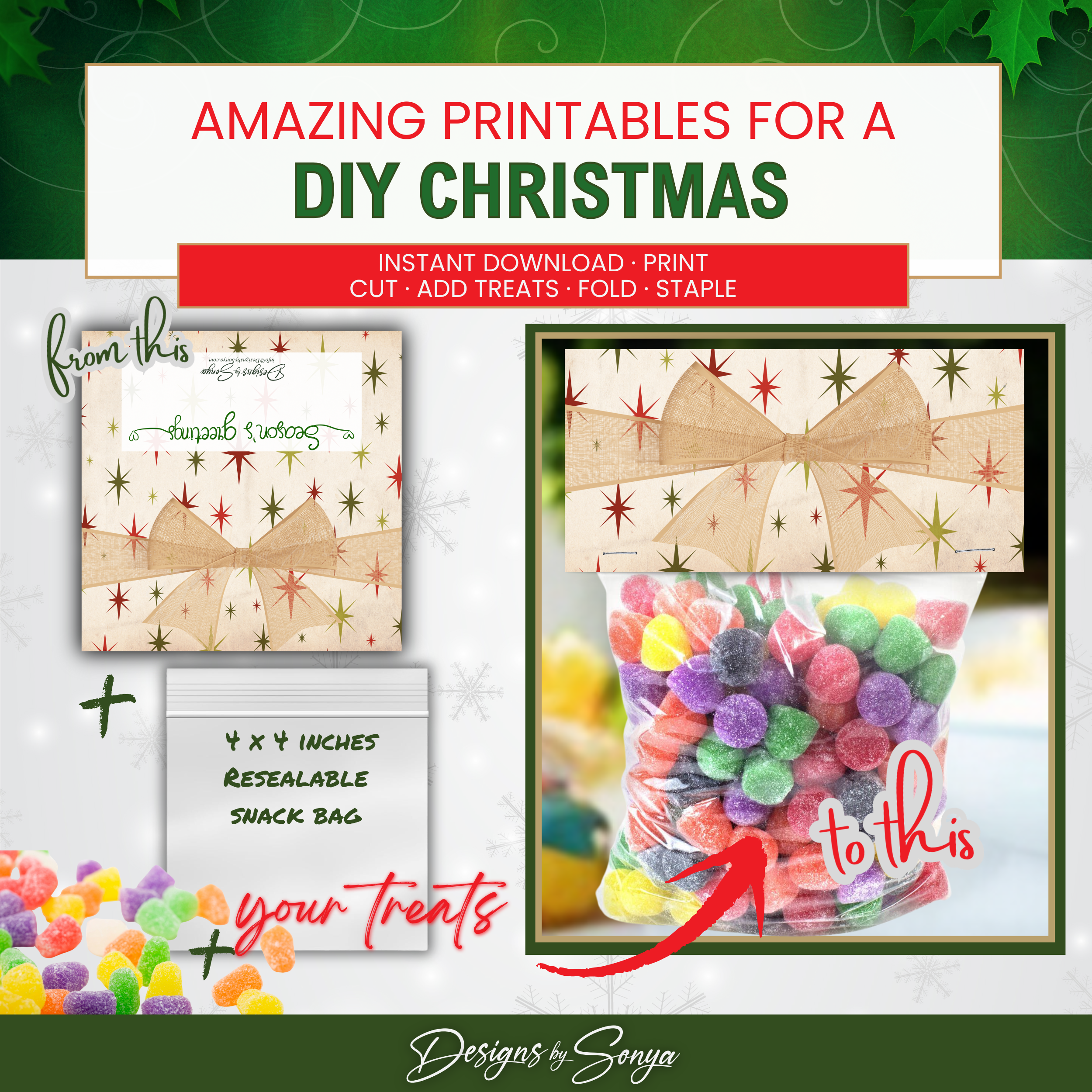 DIY Christmas Gumdrop Treat Bag Topper Transformation
Before-and-after image showing printable topper turning a simple snack bag into a festive holiday gift bag, filled with colorful gumdrop candy.