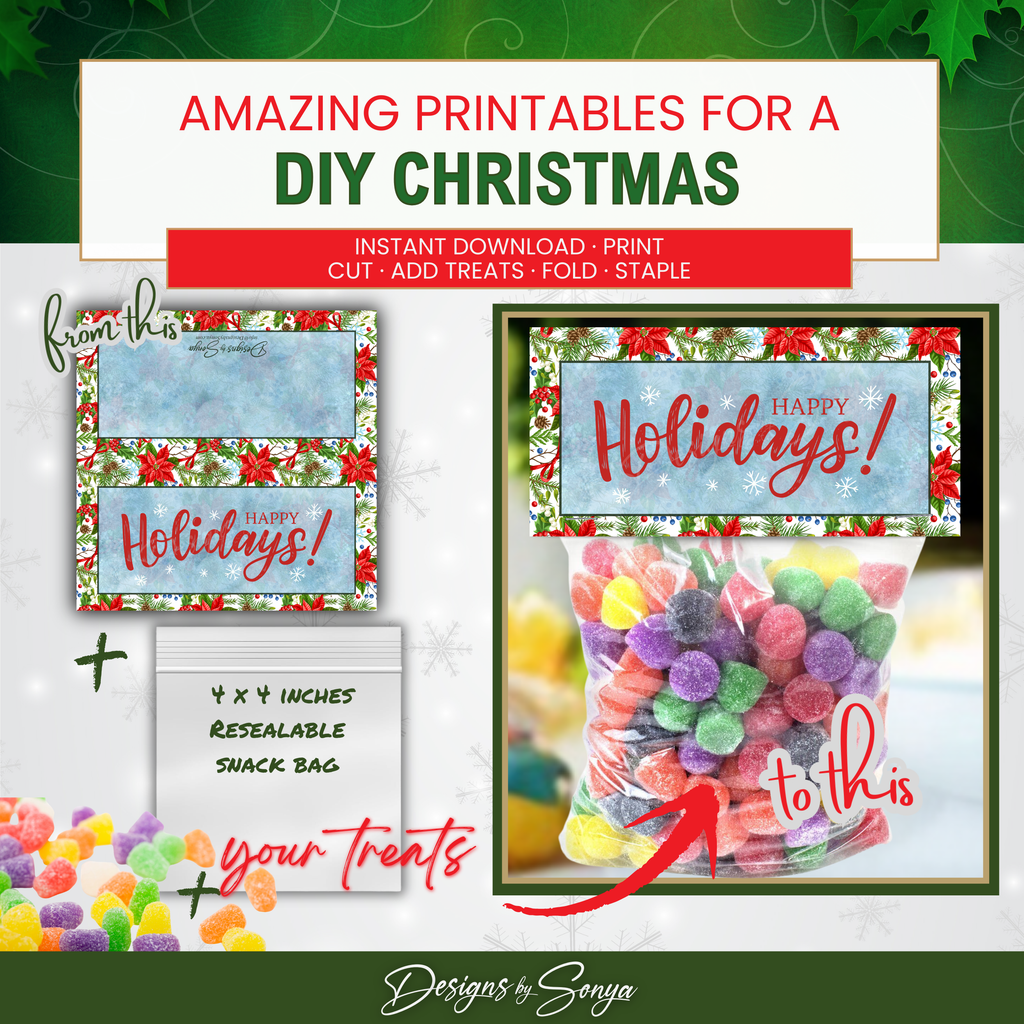 DIY Before & After
How-to collage showing printable topper + resealable bag + candy transformed into a festive holiday treat favor.
