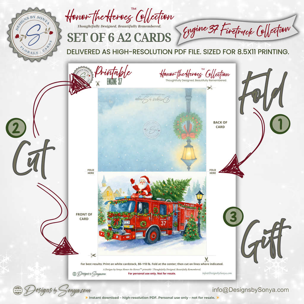 Engine 37 Firetruck Printable Christmas Note Cards | Set of 6 A2 - 5.5"x4.25"| Honor the Firefighter and First Responder Heroes