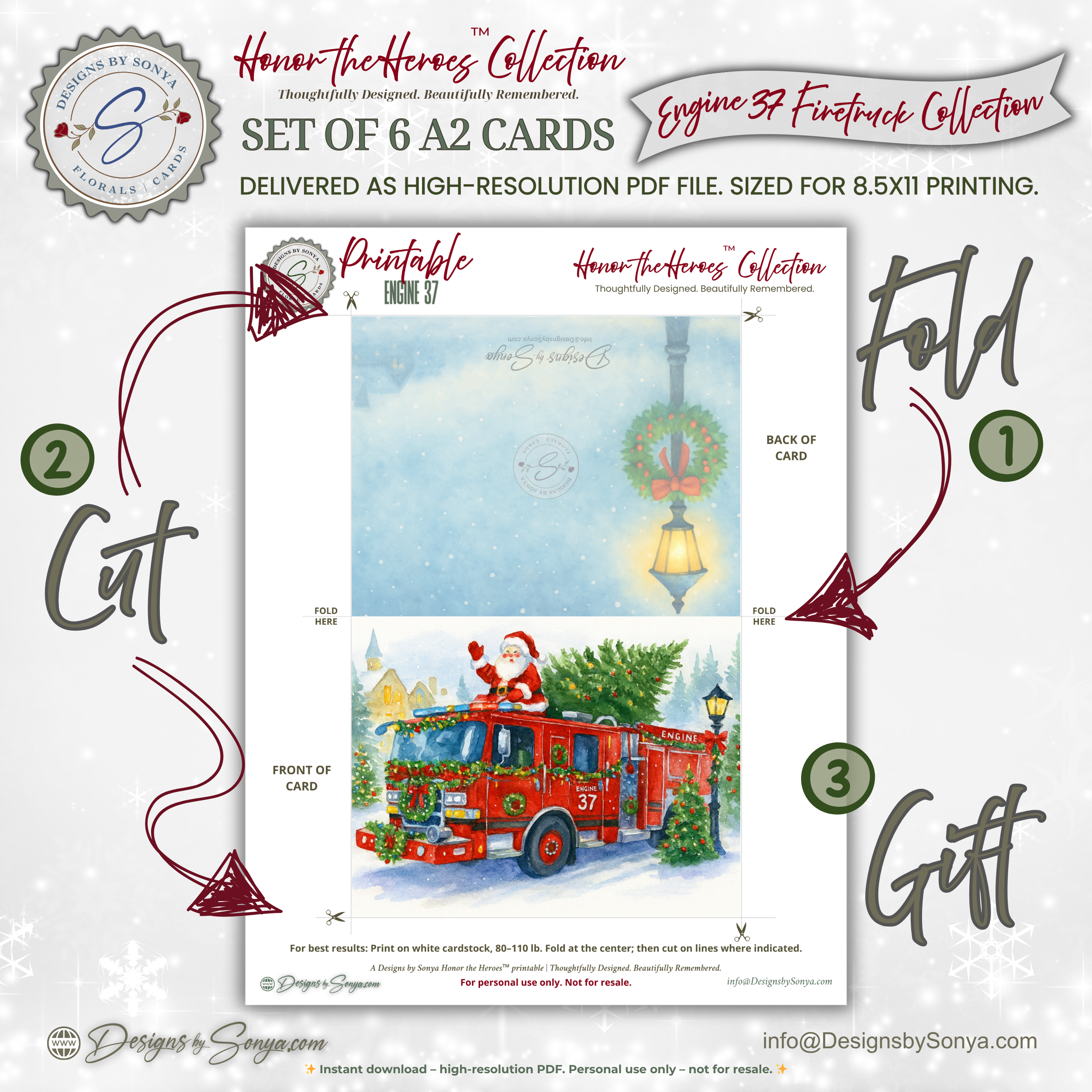 Engine 37 Firetruck Printable Christmas Note Cards | Set of 6 A2 - 5.5"x4.25"| Honor the Firefighter and First Responder Heroes