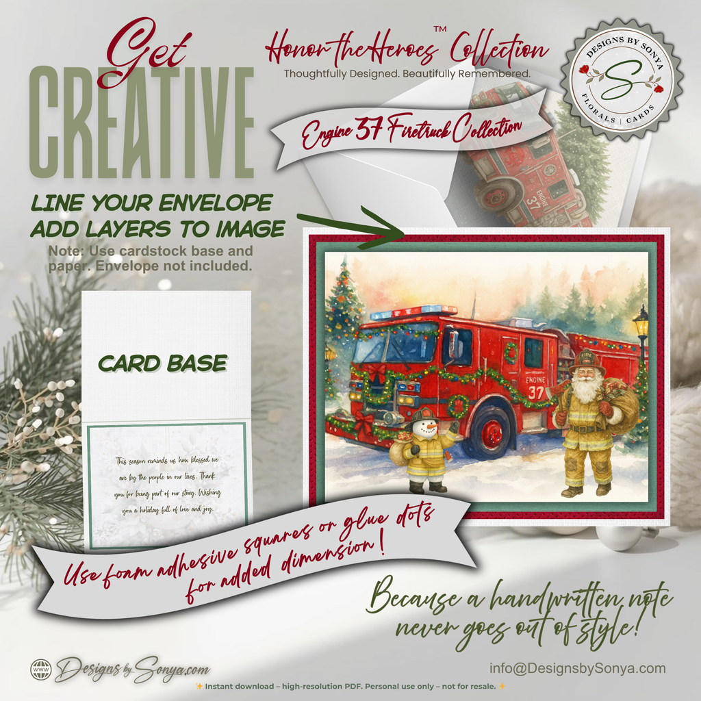 Engine 37 Firetruck Christmas Card Printable | A2 Holiday Card | Honor the Heroes Collection | Firefighter Santa Greeting Card | Envelope Liner