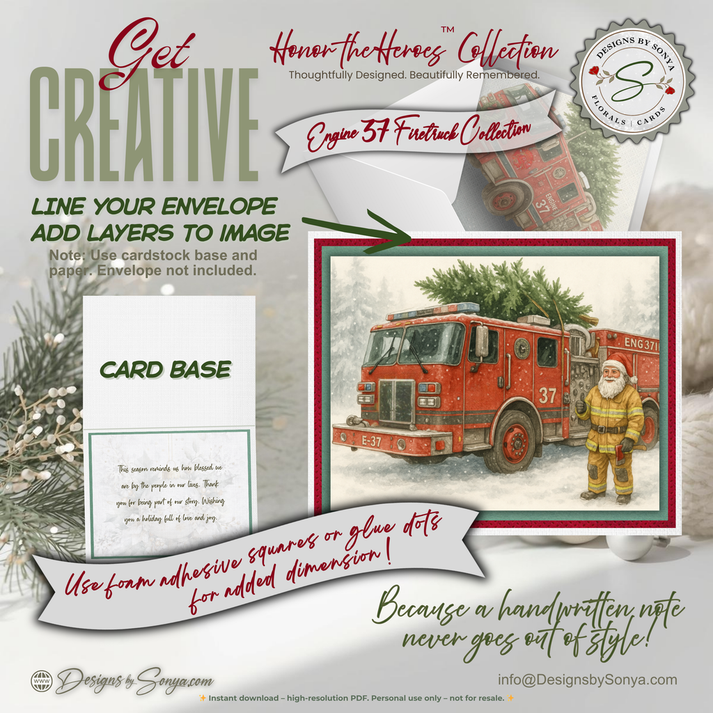 Printable Firetruck Christmas Card • Engine 37 Watercolor Holiday Card • Firefighter A2 (5.5"x4.25") Folded Greeting Card