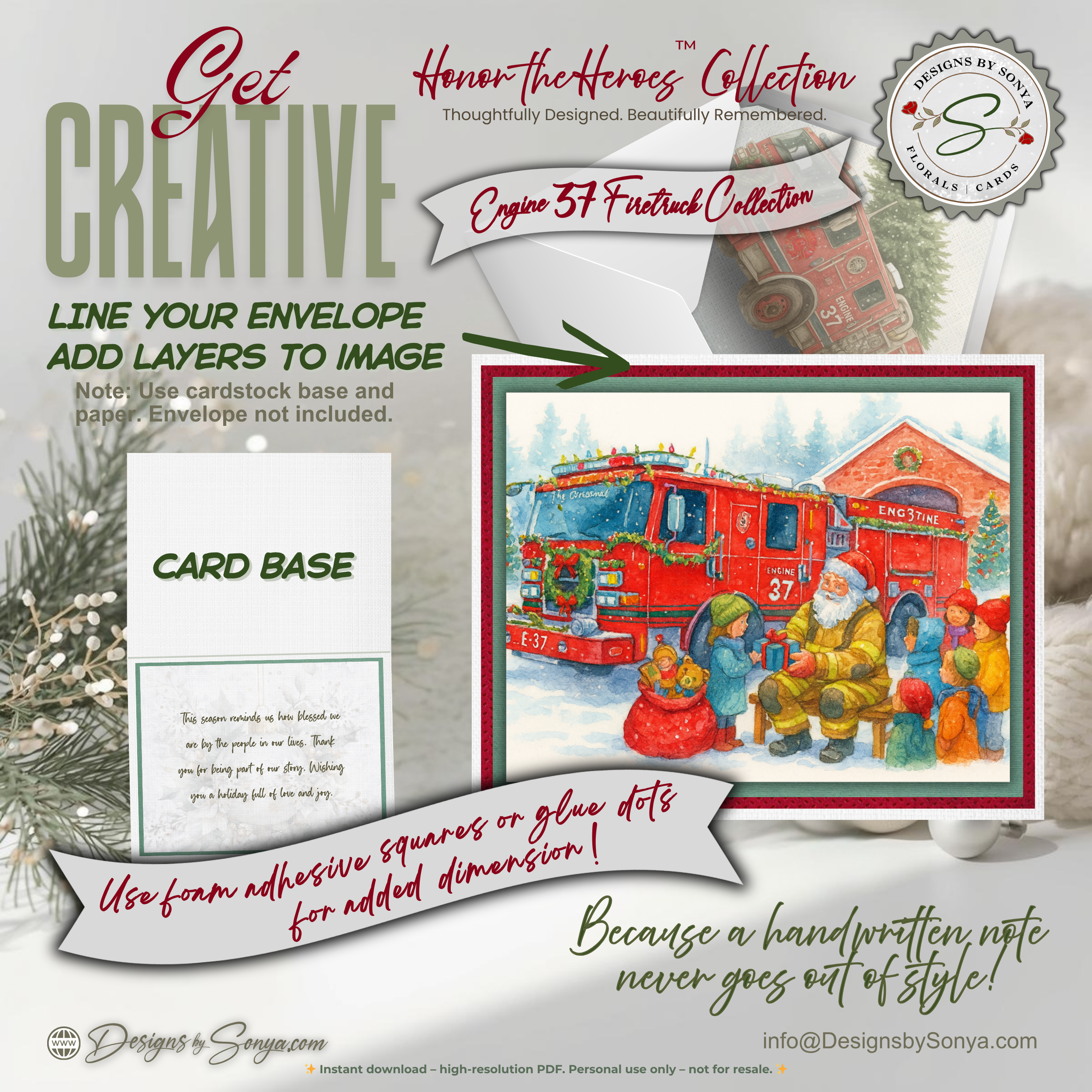 Engine 37 Printable Firetruck Christmas Card • Festive Firehouse Holiday Greeting • First Responder Santa Scene • Instant Download DIY