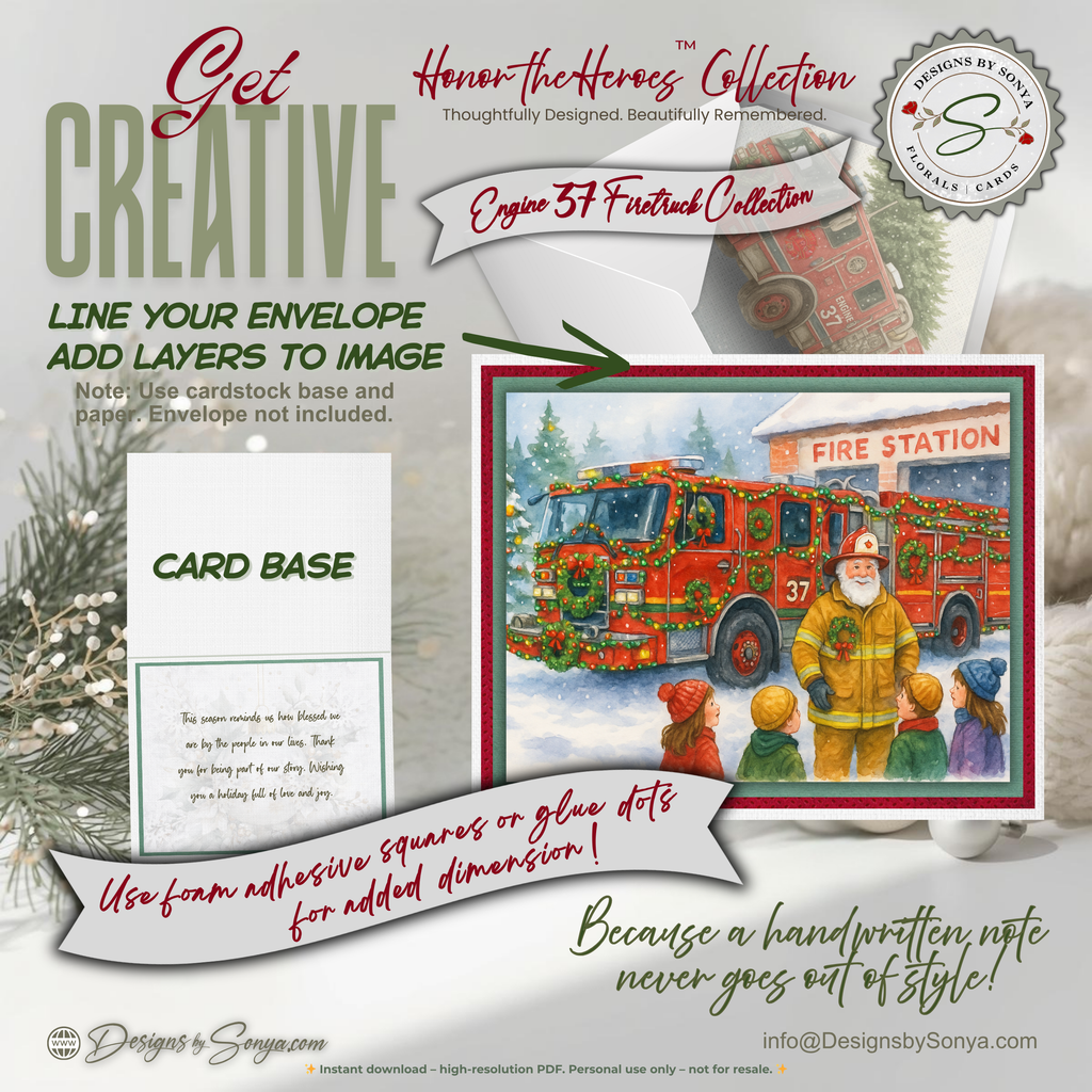 Engine 37 Firetruck Christmas Card Printable | A2 Holiday Card | Honor the Heroes Collection | Fire Station Santa Greeting Card | Envelope Liner