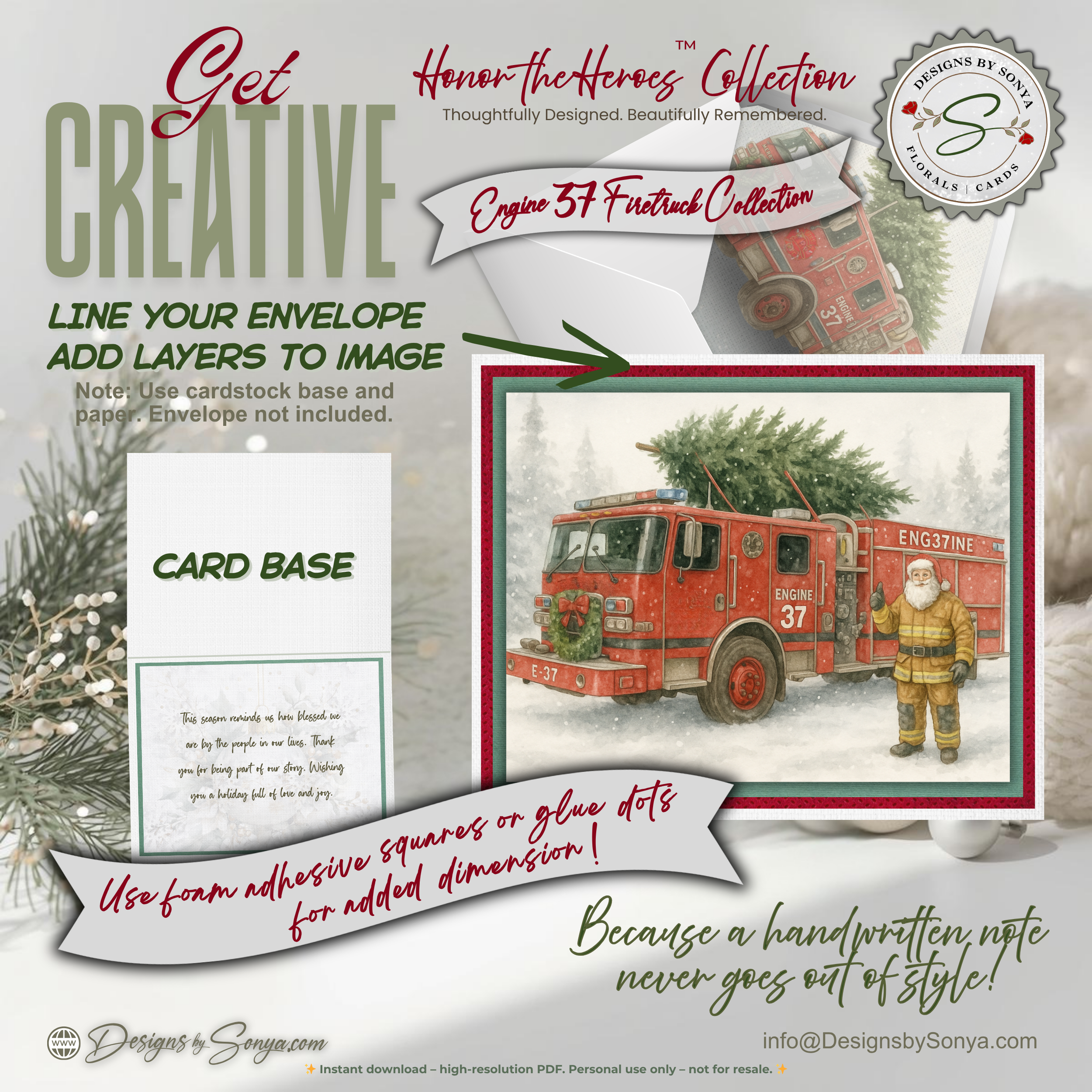 Engine 37 Firetruck Christmas Card Printable • Watercolor Firefighter Santa • Holiday Tree Delivery • Honor the Heroes Collection| A2 (5.5"x4.25") Greeting Card