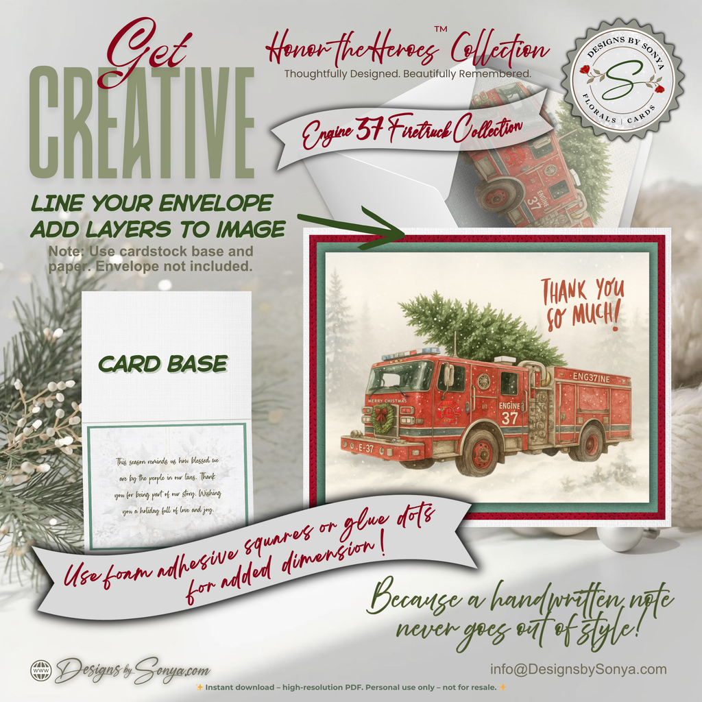 Engine 37 Printable Firetruck Christmas Card • Holiday Thank You Greeting • Festive Wreath Scene • First Responder Appreciation • A2 (5.5"x4.25") • Instant Download DIY
