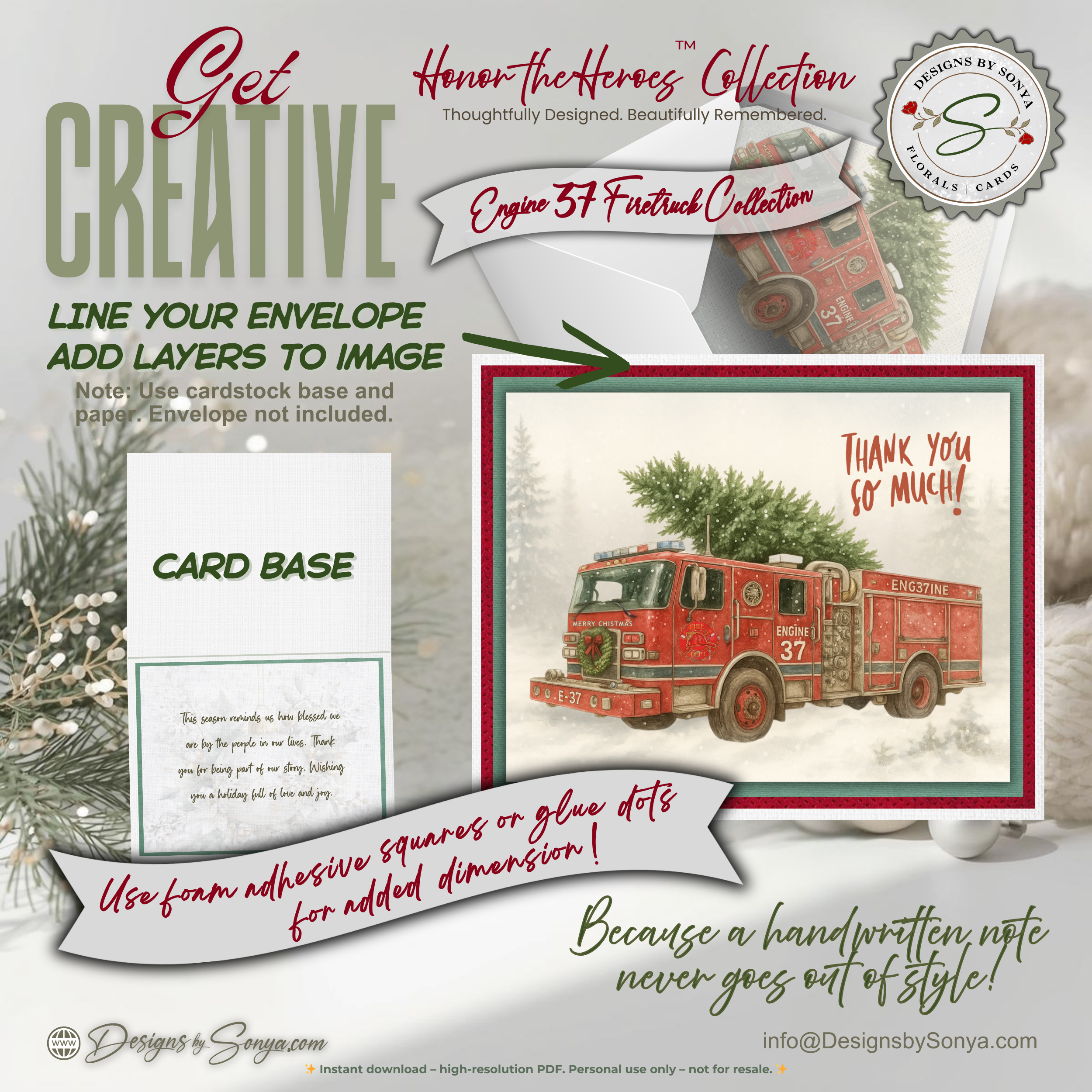 Engine 37 Printable Firetruck Christmas Card • Holiday Thank You Greeting • Festive Wreath Scene • First Responder Appreciation • A2 (5.5"x4.25") • Instant Download DIY