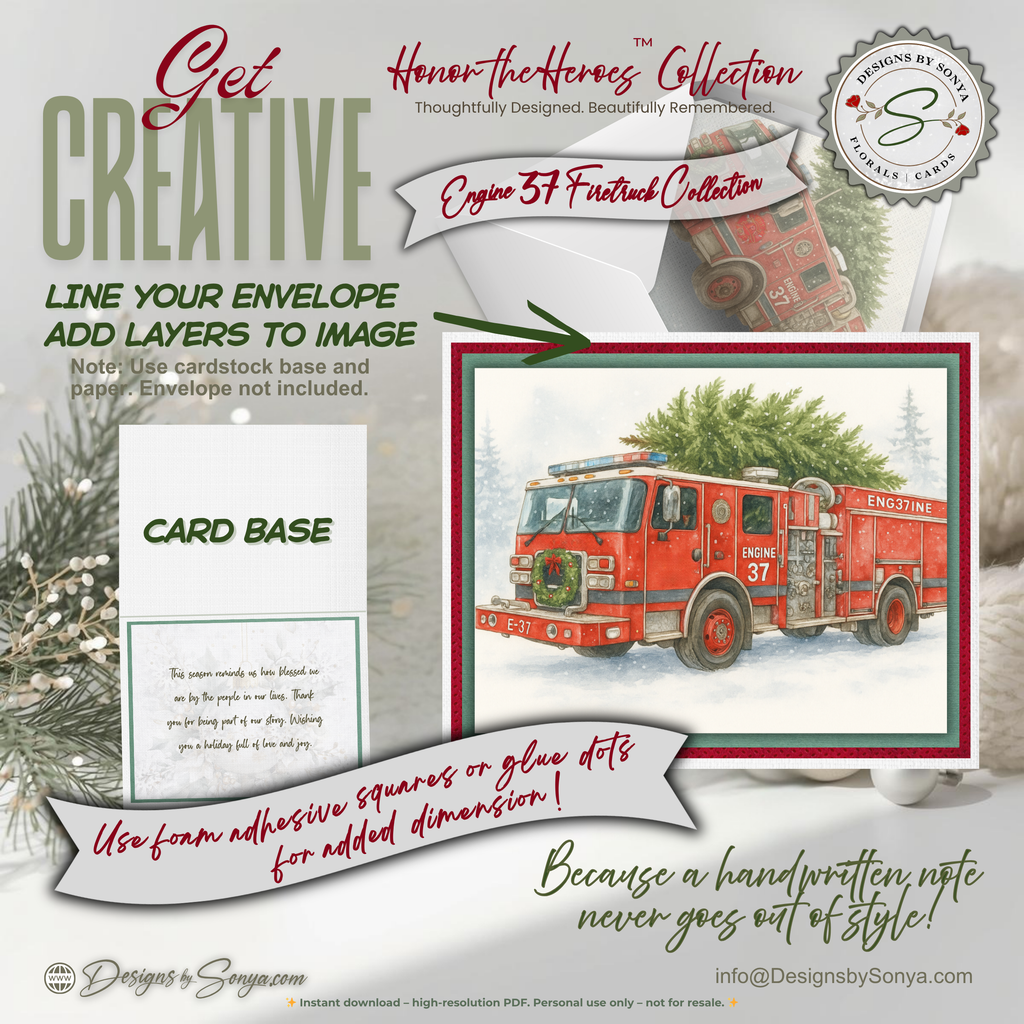Engine 37 Firetruck Christmas Card Printable | Watercolor Holiday Tree Delivery | A2 (5.5"x4.25") Greeting Card | Firefighter Hero, First Responder Gift