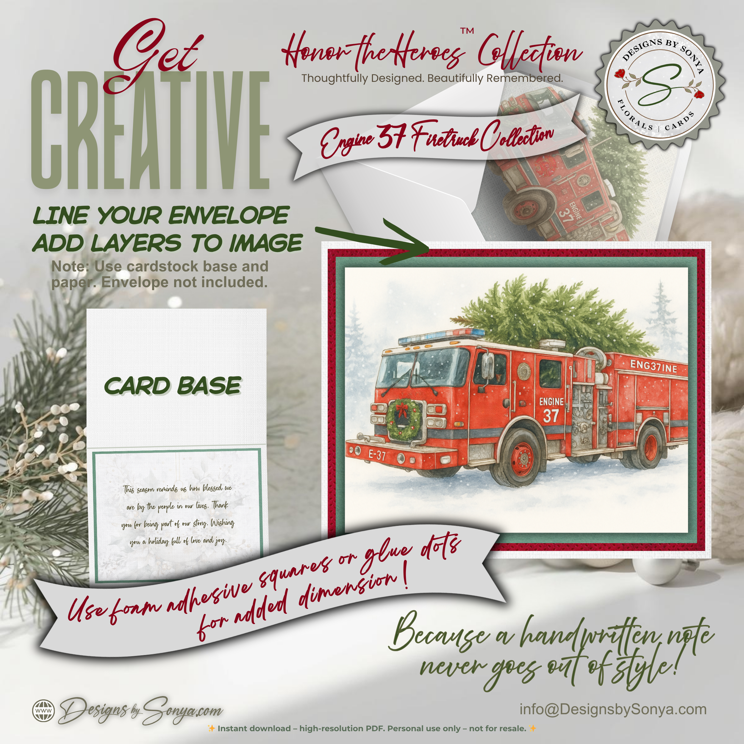 Engine 37 Firetruck Christmas Card Printable | Watercolor Holiday Tree Delivery | A2 (5.5"x4.25") Greeting Card | Firefighter Hero, First Responder Gift