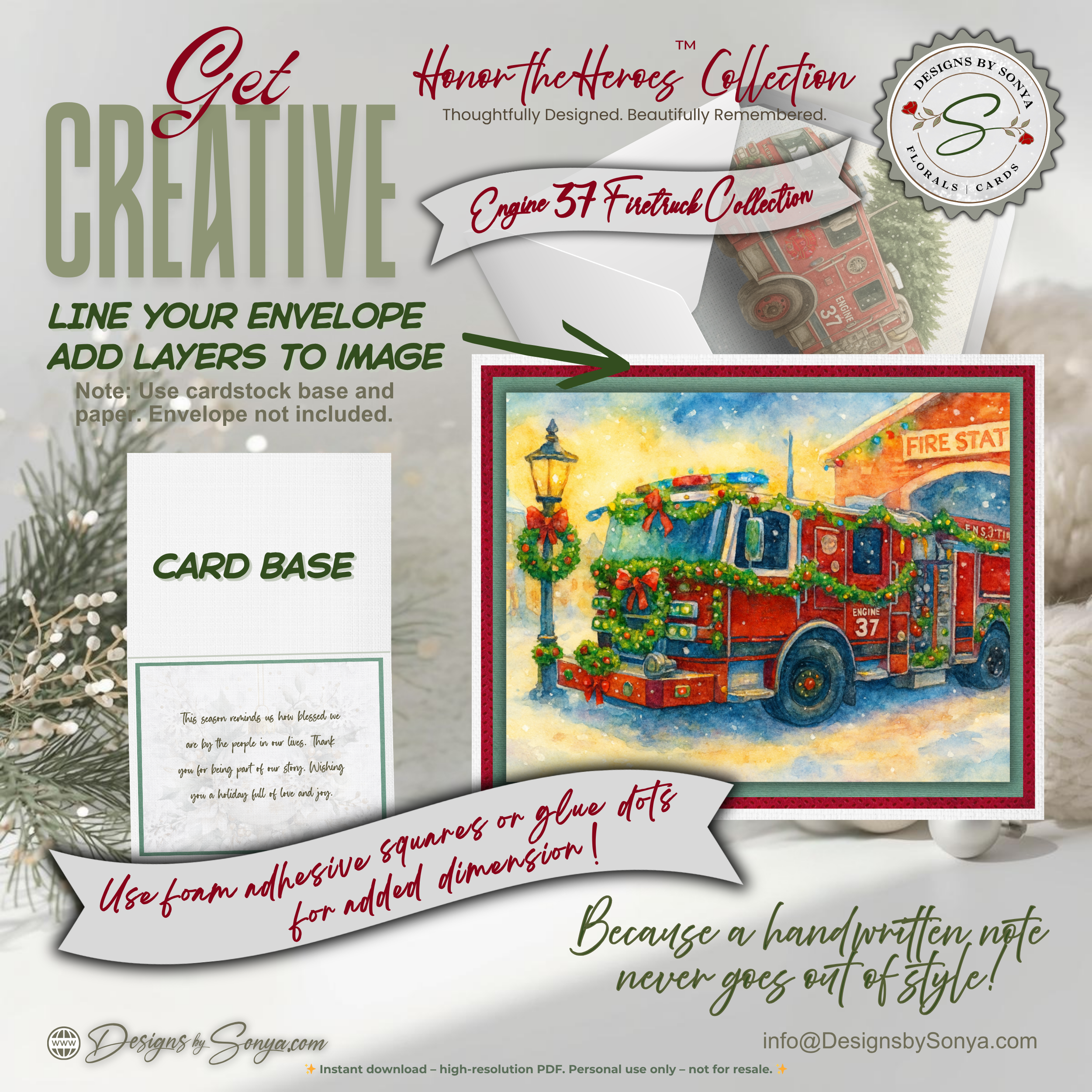 Engine 37 Printable Firetruck Christmas Card • Festive Firehouse Holiday Greeting • A2 (5.5"x4.25") • Garland-Wrapped Truck Scene • Instant Download DIY