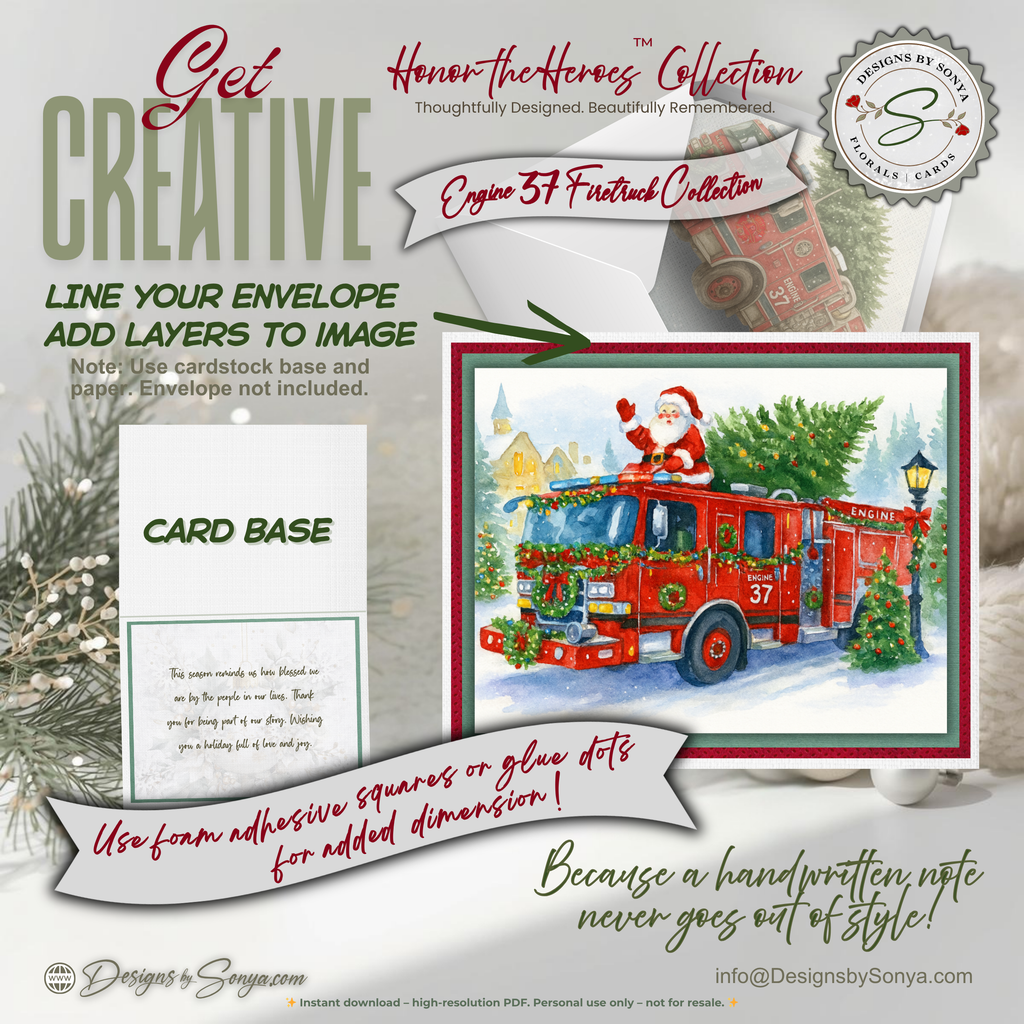Engine 37 Printable Firetruck Christmas Card • Santa on Firetruck Holiday Greeting • Festive Wreath Scene • A2 (5.5"x4.25") • Instant Download DIY