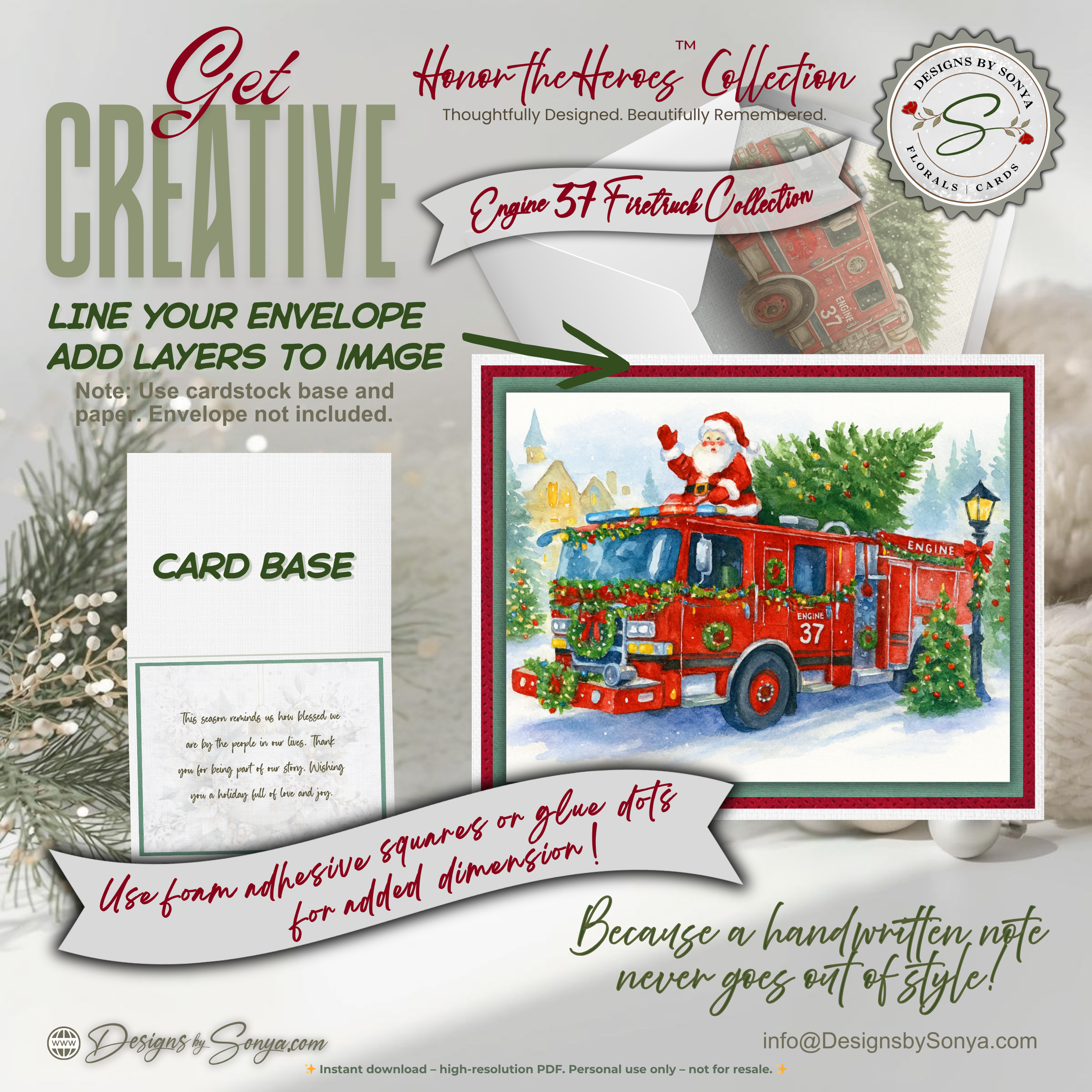 Engine 37 Printable Firetruck Christmas Card • Santa on Firetruck Holiday Greeting • Festive Wreath Scene • A2 (5.5"x4.25") • Instant Download DIY