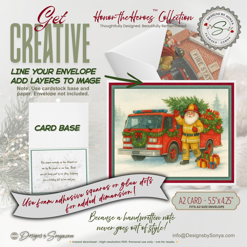 Printable Fireman Santa Christmas Card, Firefighter Holiday Greeting, A2 (5.5”x4.25”), First Responder Gift, Watercolor Fire Truck Scene