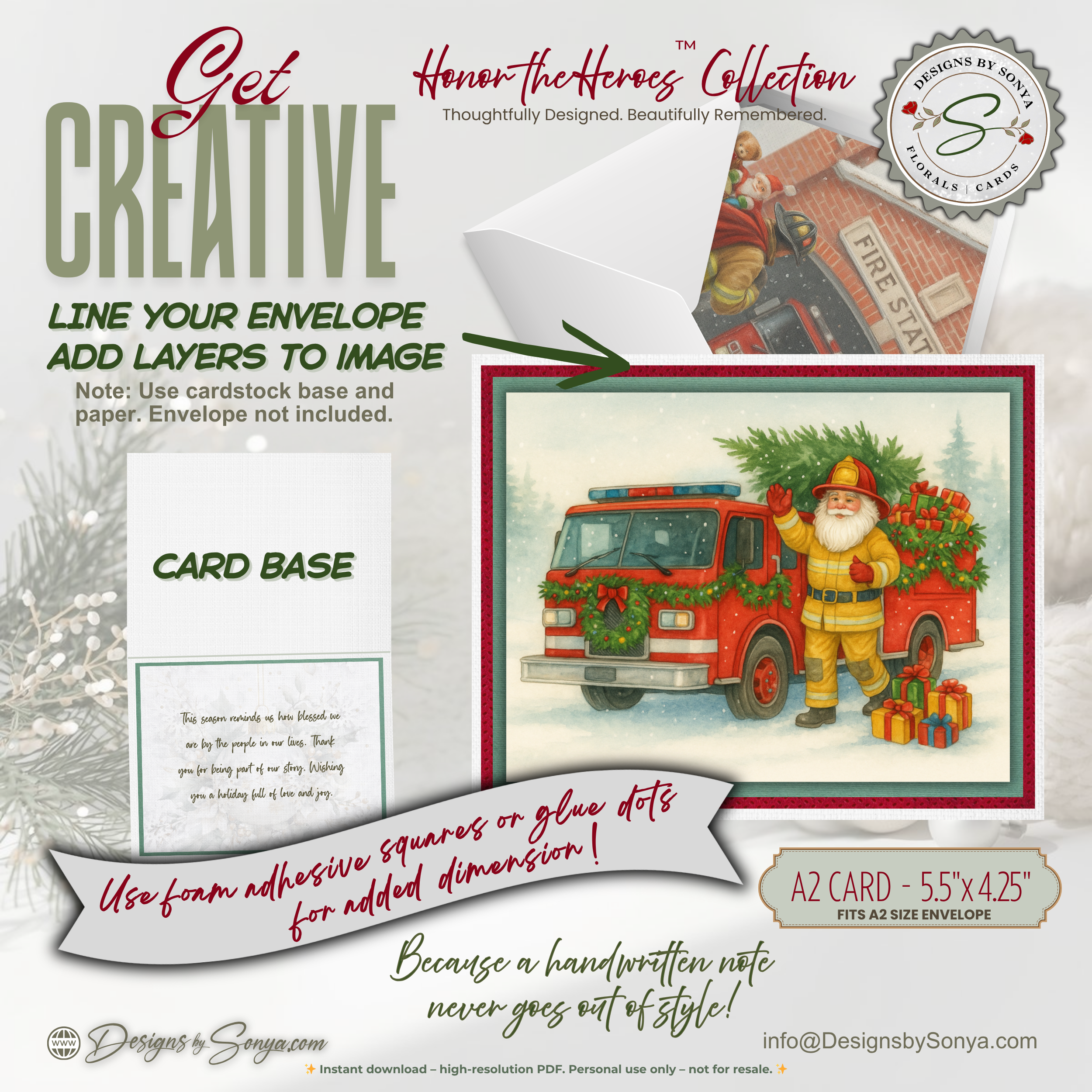 Printable Fireman Santa Christmas Card, Firefighter Holiday Greeting, A2 (5.5”x4.25”), First Responder Gift, Watercolor Fire Truck Scene
