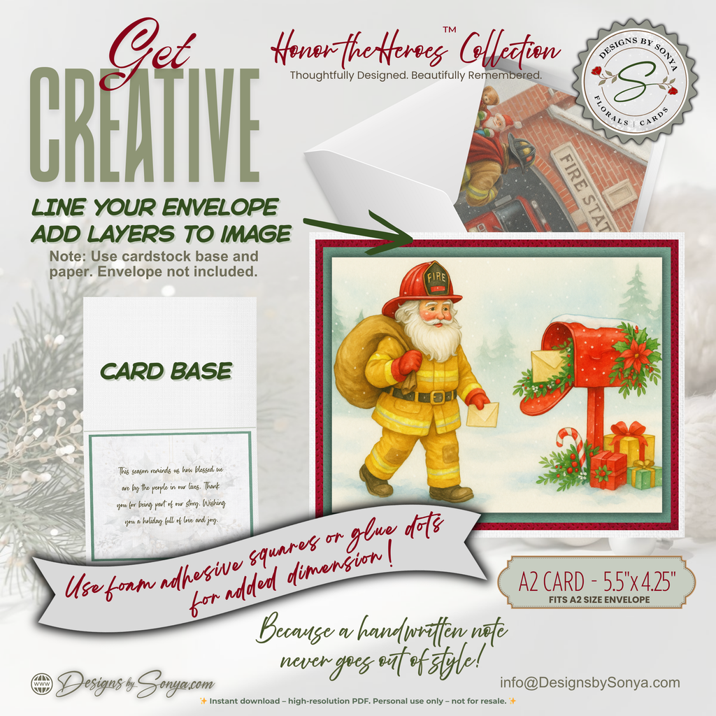 Printable Firefighter Santa Christmas Card, A2 (5.5”x4.25”), Fireman Holiday Greeting, First Responder Gift, Watercolor Art, Mailbox Scene