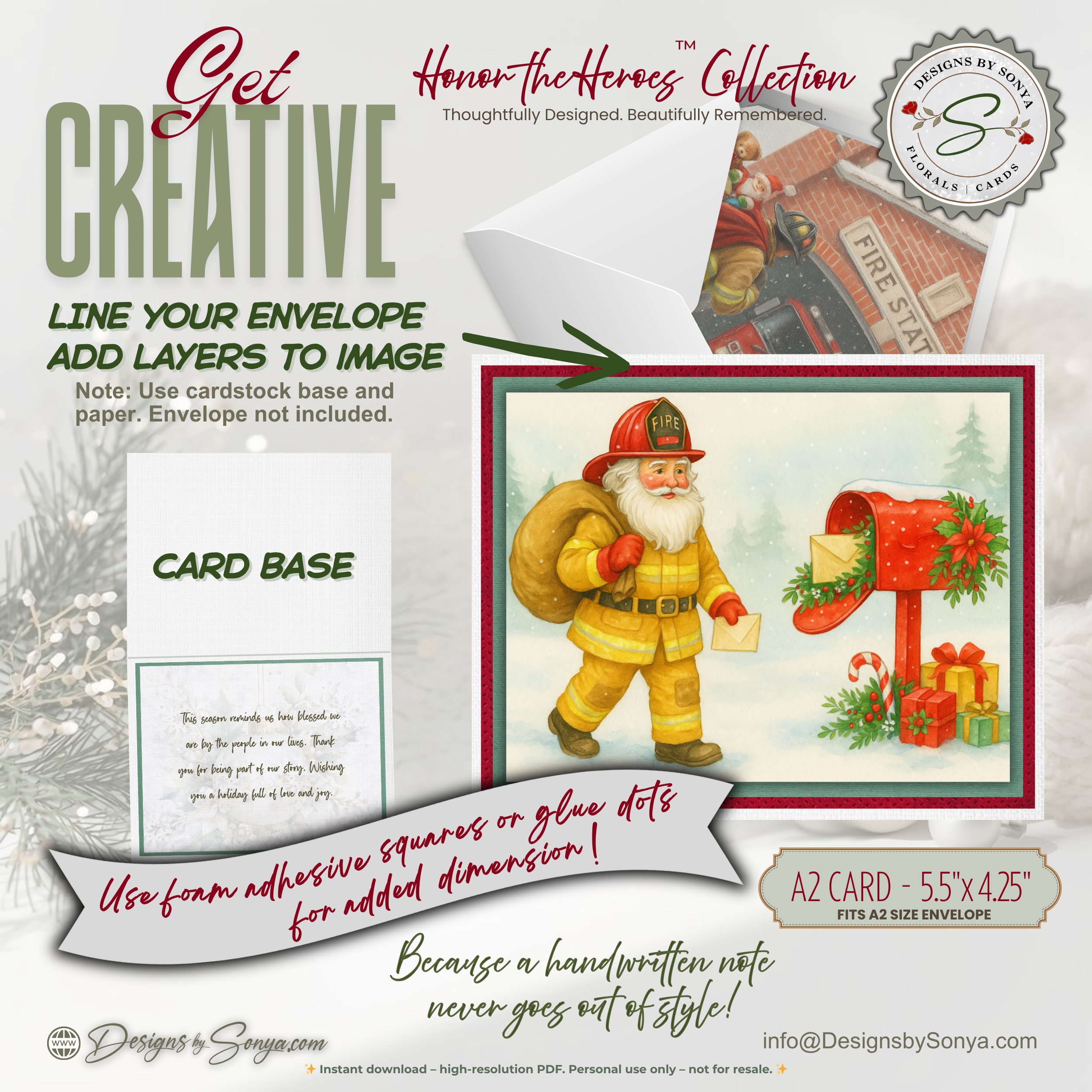 Printable Firefighter Santa Christmas Card, A2 (5.5”x4.25”), Fireman Holiday Greeting, First Responder Gift, Watercolor Art, Mailbox Scene