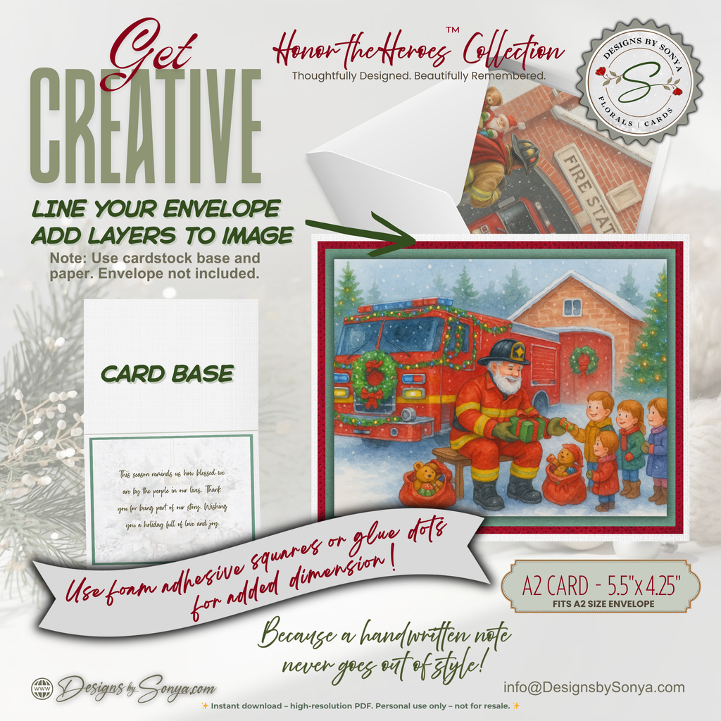 Fireman Santa Printable Christmas Card • A2 (5.5”x4.25”) • Watercolor Firetruck Scene with Kids, Gifts & Holiday Cheer